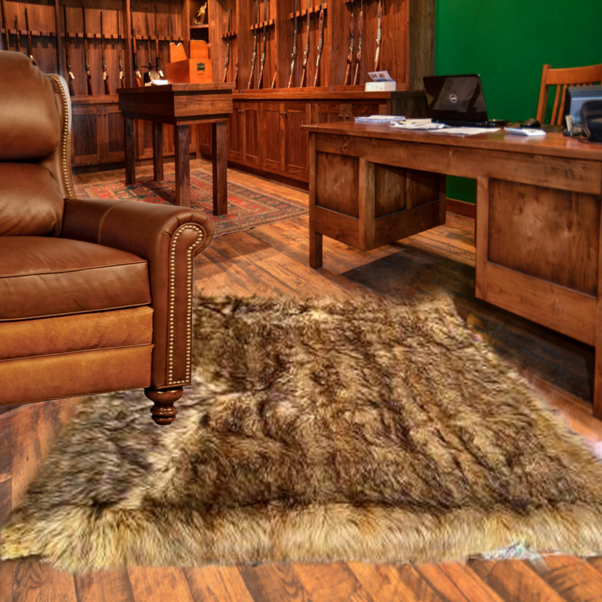 Premium Faux Fur Shaggy Wolf Skin Rug - 5'x7' Coyote Throw Area Rug with Ultra Suede Back | Non-Toxic, Hypoallergenic | Cozy Living Room, Bedroom, or Cabin Decor | Brown Wolf Design