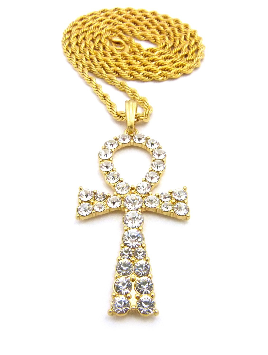 21 Egyptian Iced Out Ankh Pendant Necklace - 4mm Gold Tone with 30