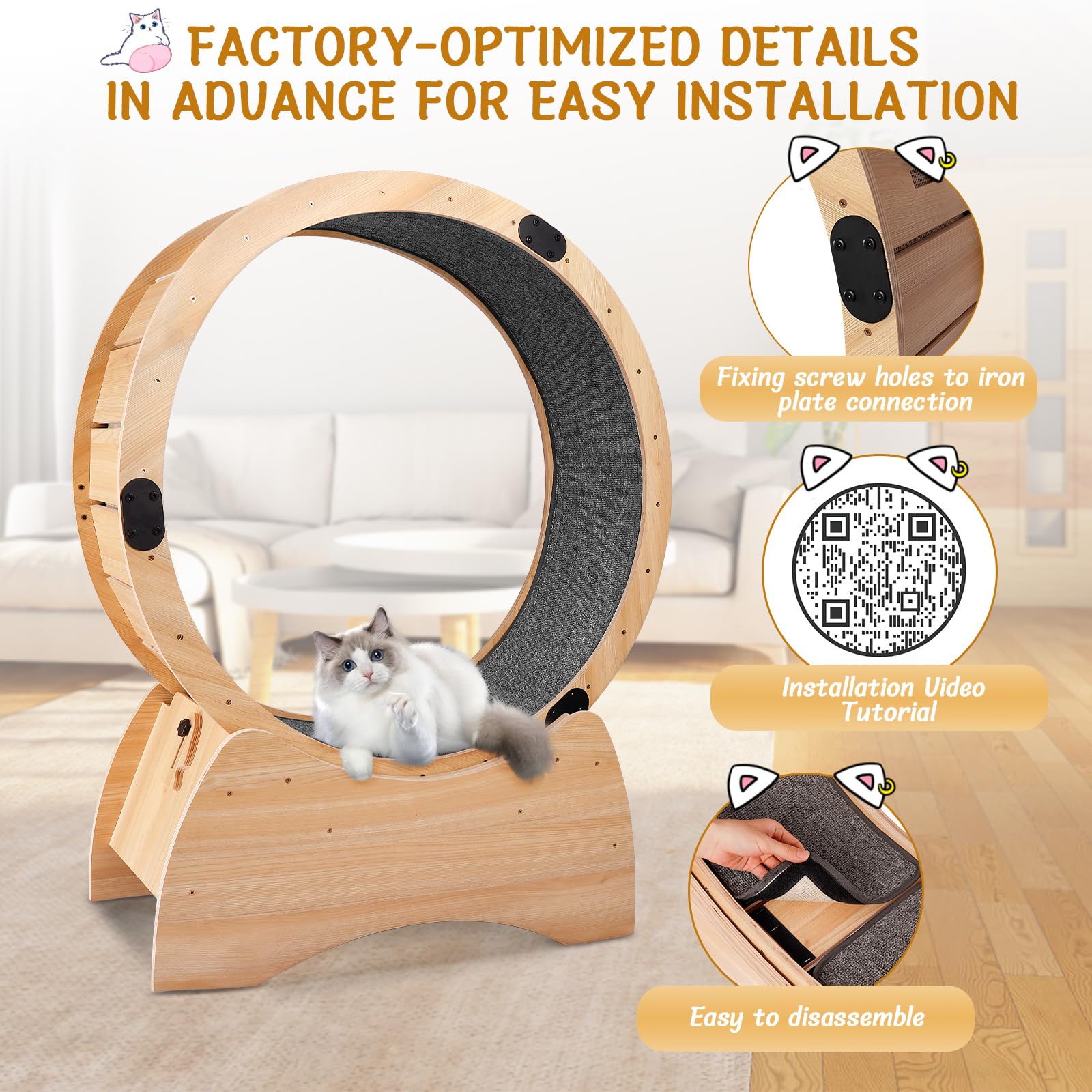 Premium Solid Wood Cat Exercise Wheel - Natural Oak Pet Running Wheel for Weight Loss & Daily Fitness - Fun Spinning & Scratching Activity Toy for Indoor Cats