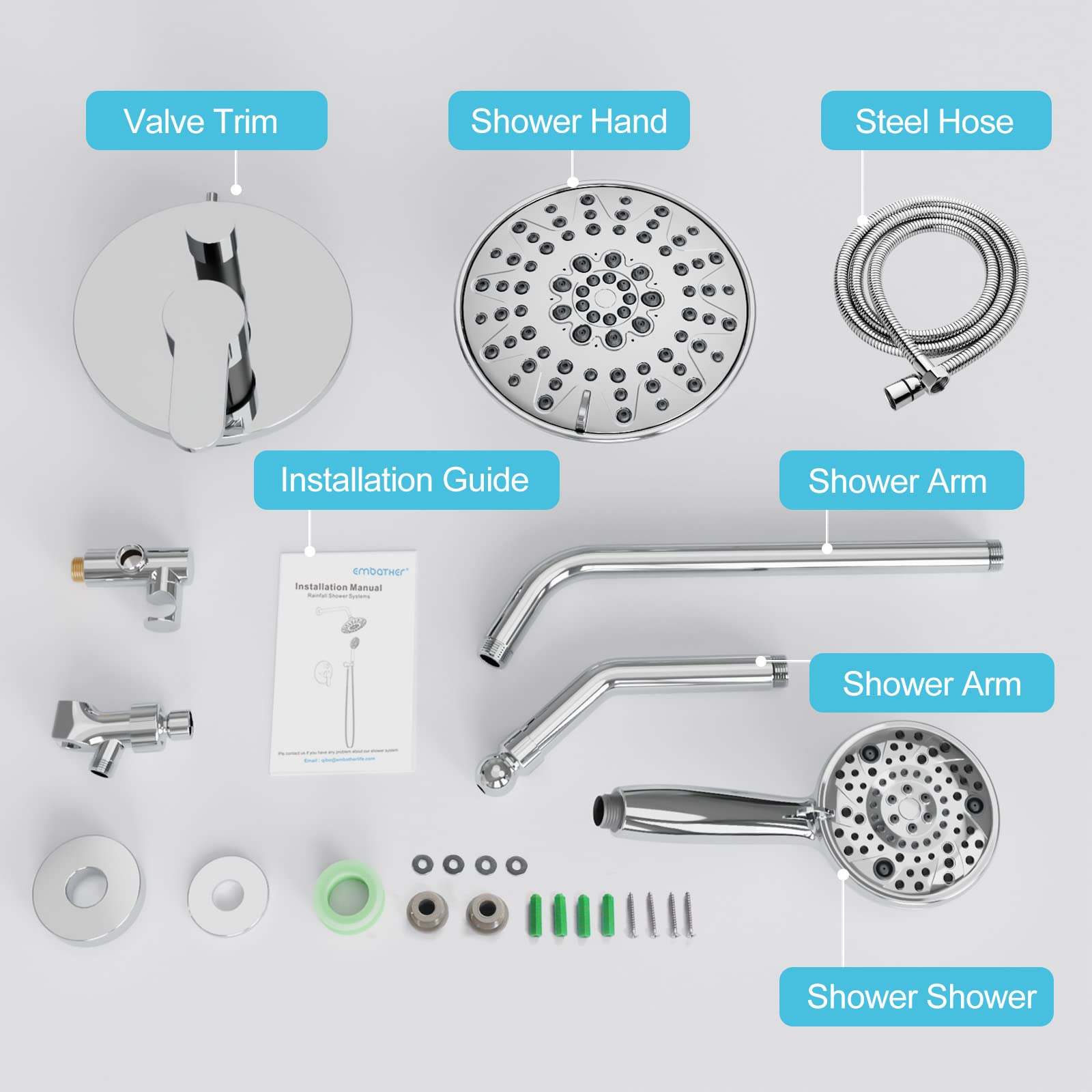 EMBATHER 3-Setting High Pressure Shower Faucet Set with Wall Mount Rainfall Shower Head & 8-Mode Handheld Spray - Polished Chrome Finish for Bathroom, Spa, and Luxury Home Use