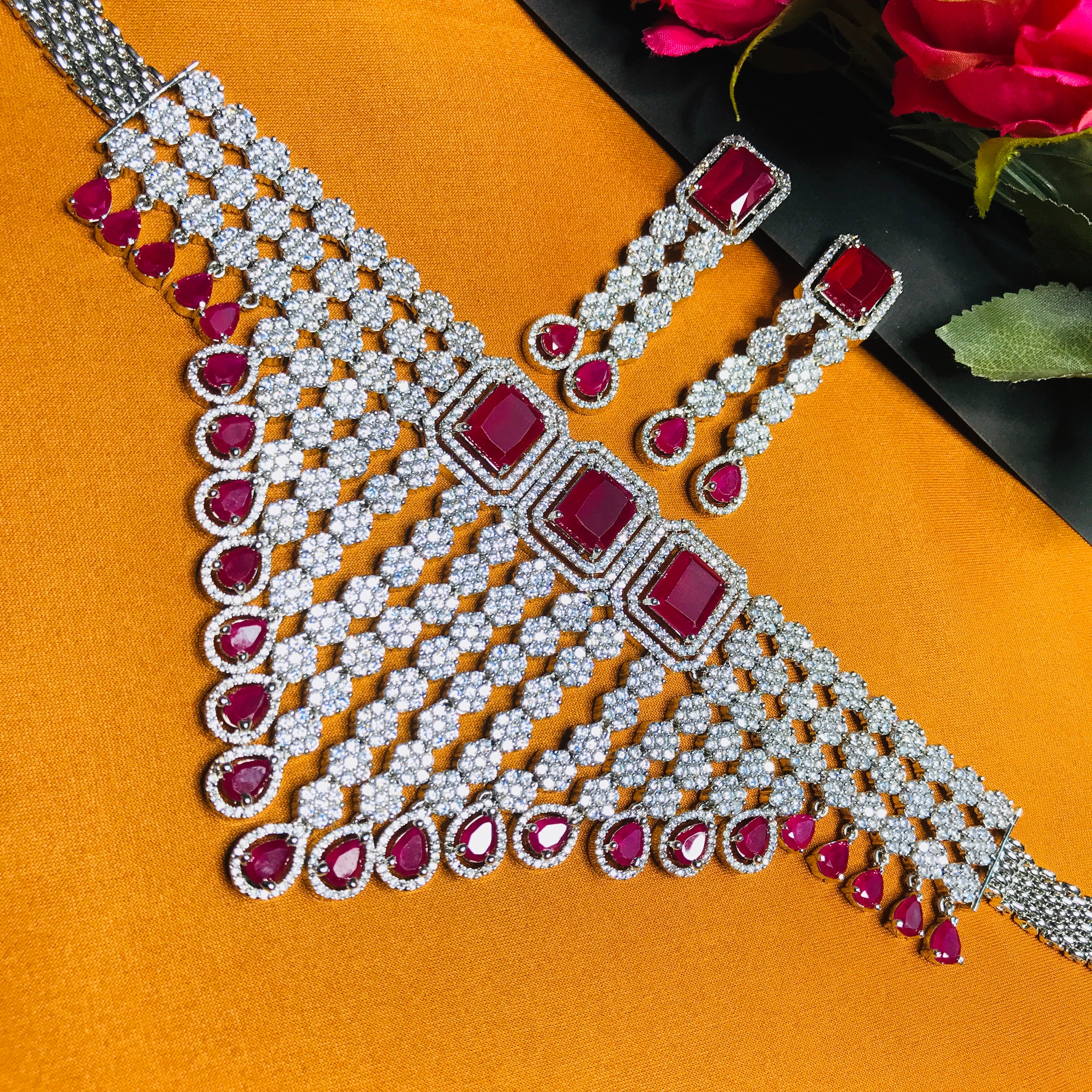 Exquisite American Diamond & Ruby Necklace with Matching Earrings Set (D747) – Perfect for Weddings, Parties & Special Occasions
