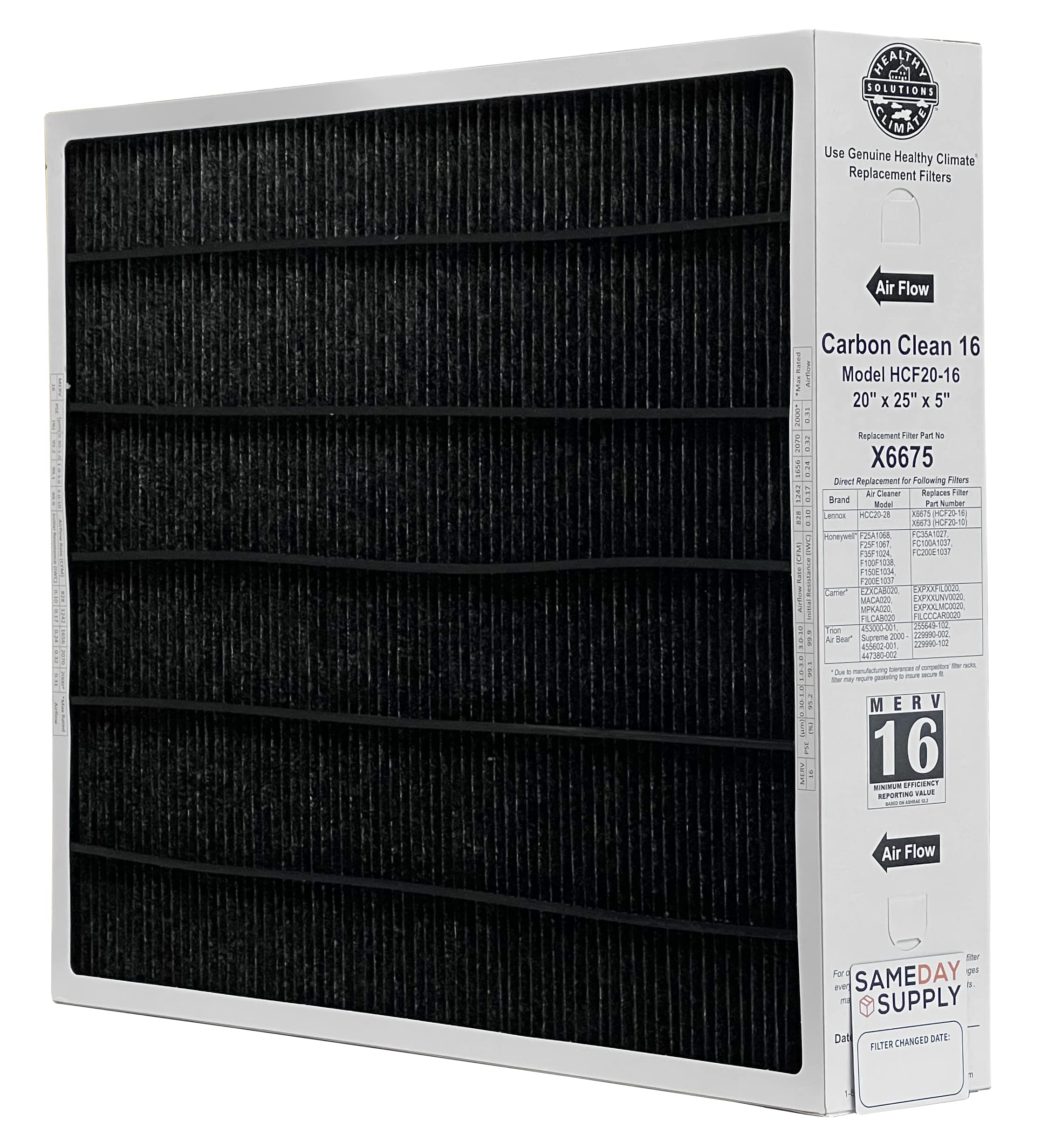 Lennox X6675 20x25x5 MERV 16 Air Filter Bundle - Carbon-Clean Technology with Filter Change Reminder Magnet (1-Pack) | HVAC System Replacement | Improves Indoor Air Quality for Homes & Offices
