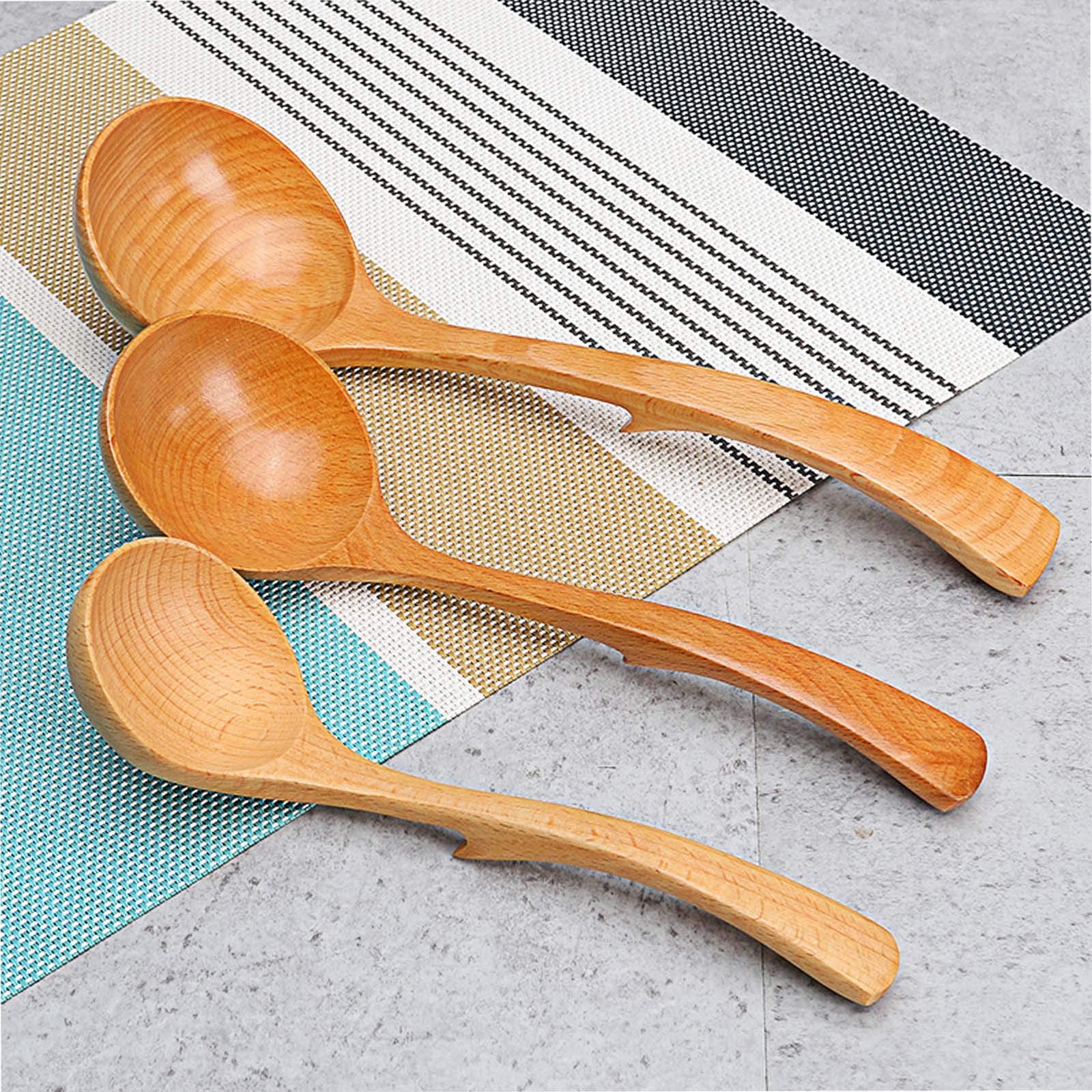 Premium Set of 3 Natural Beech Wood Kitchen Utensils - Wooden Spoons, Soup Ladle & Mixing Spoon for Cooking, Serving & Baking | Eco-Friendly Kitchen Tools for Home Chefs & Food Enthusiasts | Perfect for Soups, Sauces, Salads & Meal Prep