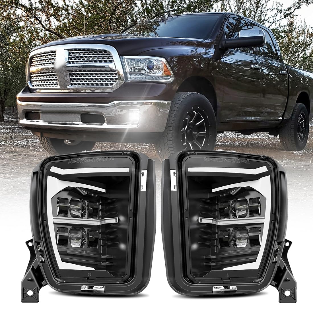 LED DRL Fog Lights Assembly Kit for Dodge Ram 1500 (2013-2020) - Black Replacement Driving Lamps | Enhanced Visibility for Night & Off-Road Adventures