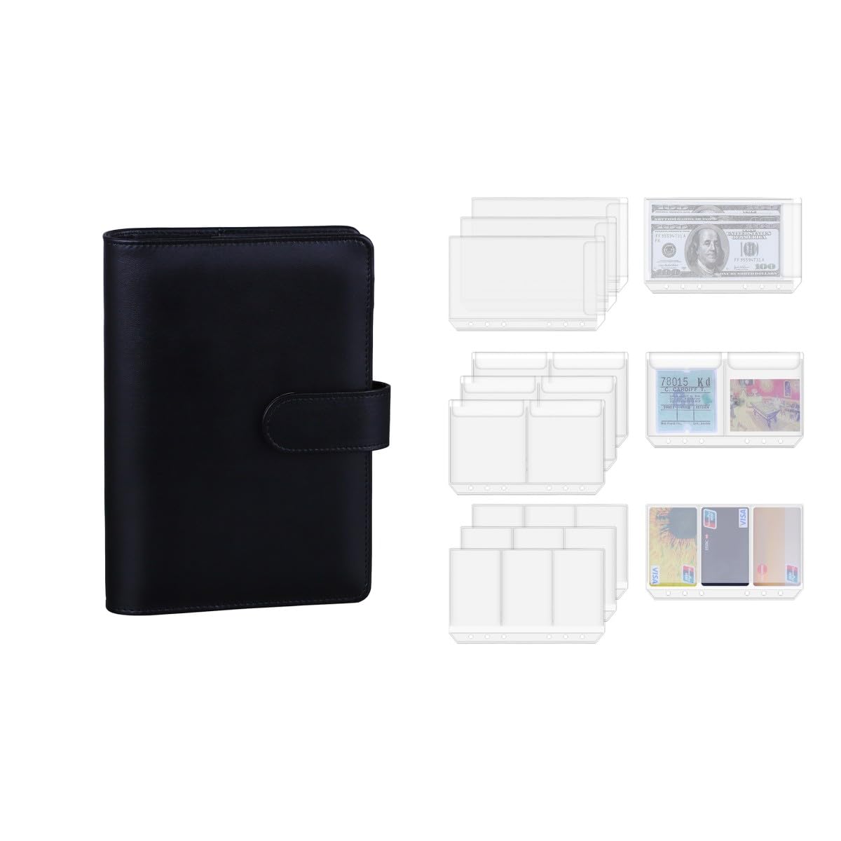Antner A6 PU Leather Notebook Binder (Black) - 12-Piece Set with 3 Types of 6-Hole Binder Pockets | Perfect for School, Office & Travel Organization