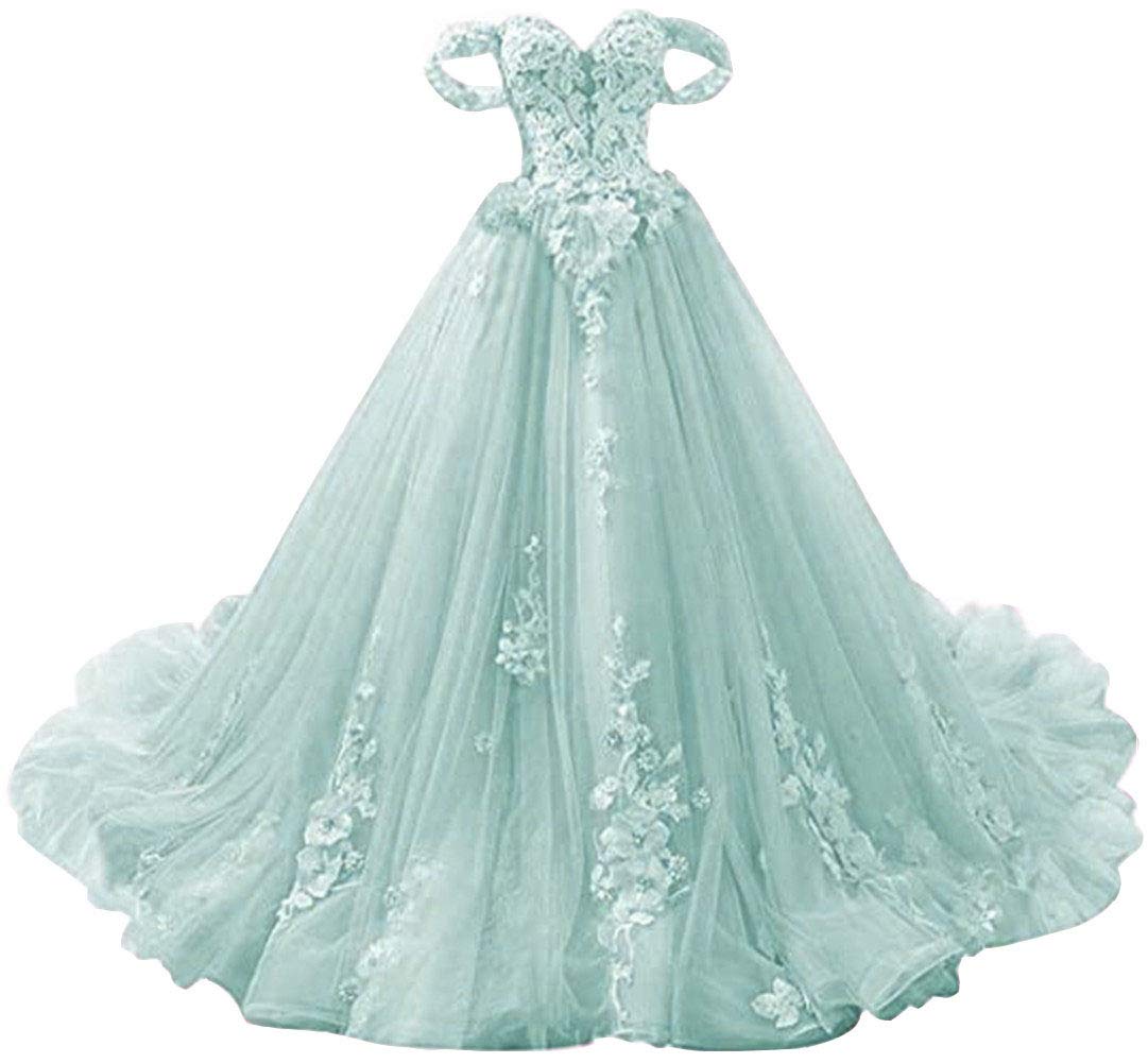 Emmani Women's Off-The-Shoulder Sweet 16 Quinceanera Dress - Lace Long Prom Ball Gown in Ice Blue | Perfect for Birthday Parties, Formal Dances & Special Occasions