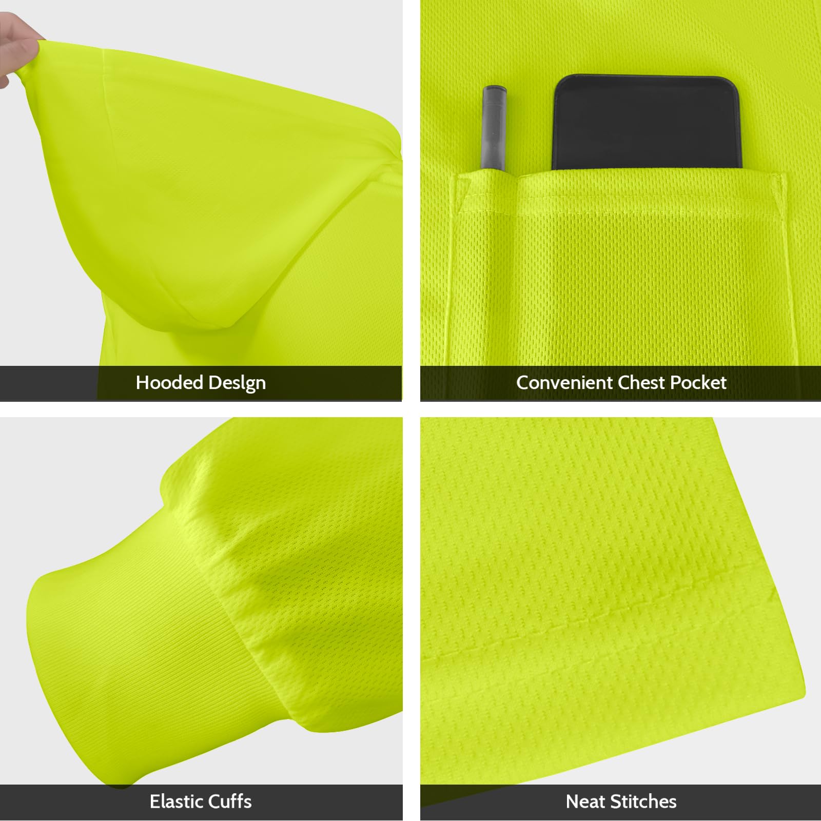 High Visibility Safety Hoodie for Men & Women - 3 Pack Breathable Hi Vis Construction Shirts with Long Sleeves | OSHA Compliant Workwear for Road Crews, Night Shifts & Outdoor Jobs