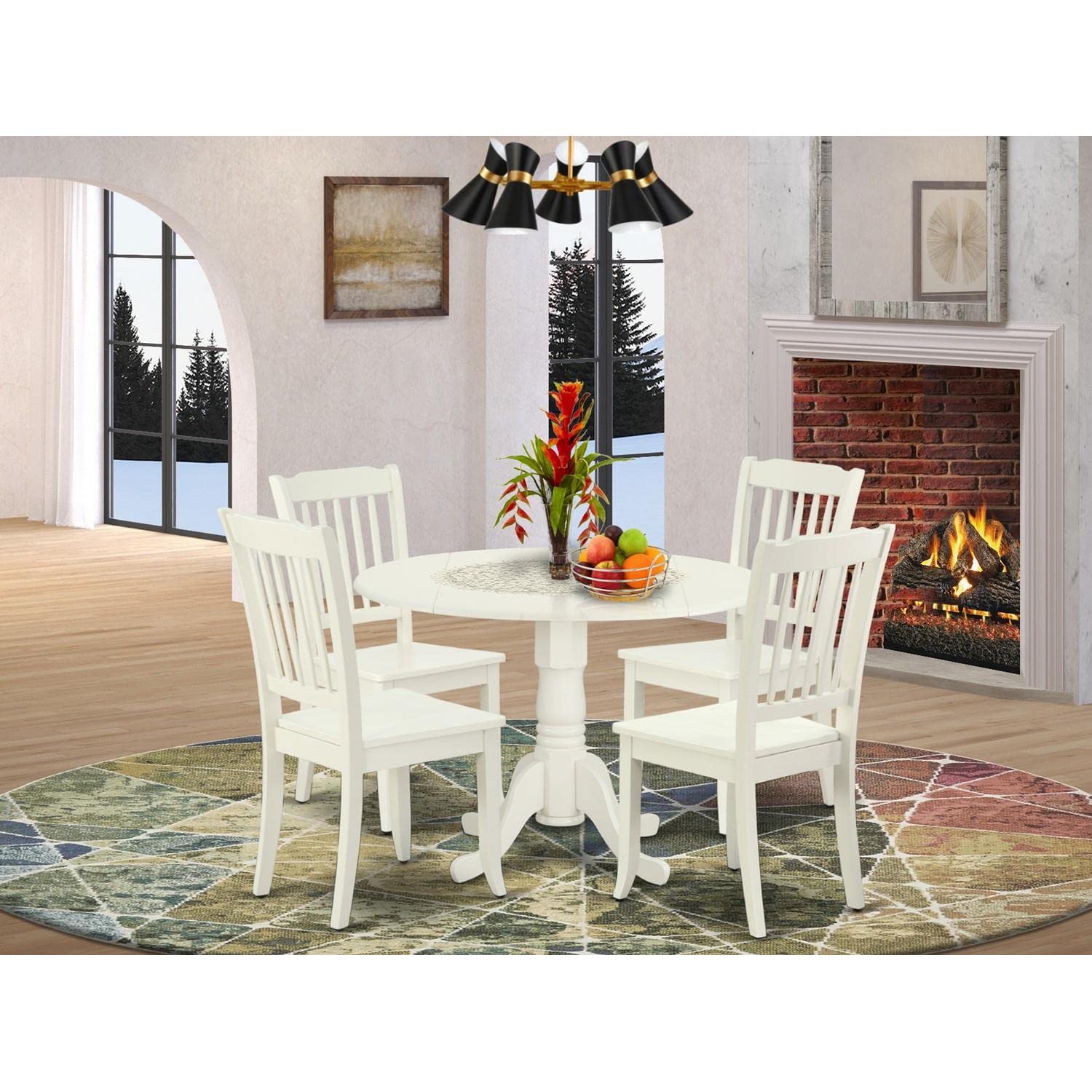 East West Furniture DLDA5-LWH-W 5-Piece White Dining Set with Round Drop Leaf Table & 4 Chairs, 42x42 Inch - Perfect for Small Kitchens, Breakfast Nooks & Cozy Dining Spaces