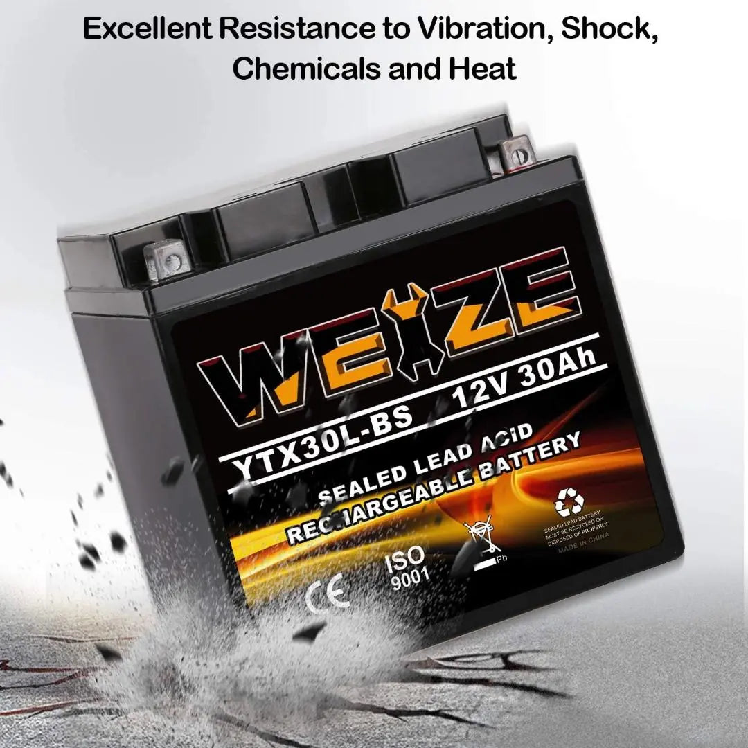 WEIZE YTX30L BS 12V 30Ah Sealed AGM Motorcycle Battery - Replacement for Yuasa YIX30L & ETX30L BS - Maintenance Free, High Performance - Compatible with Harley Davidson, Polaris Sportsman - Perfect for Cruisers, ATVs, and Off-Road Vehicles