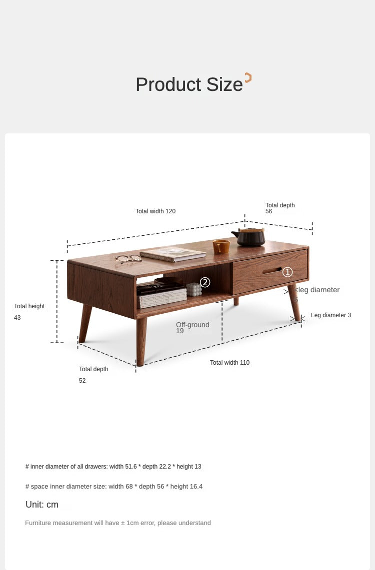 Solid Oak Wood Two-Drawer Coffee Table - Walnut Finish | Rustic Living Room Furniture for Home Decor & Storage