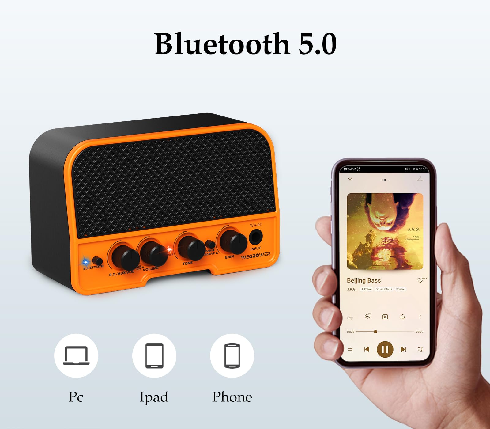 5W Rechargeable Bluetooth Electric Guitar Amplifier with Clean/Overdrive Effects & Headphone Output - Portable Mini Guitar Amp for Practice, Home Studio & Live Performances