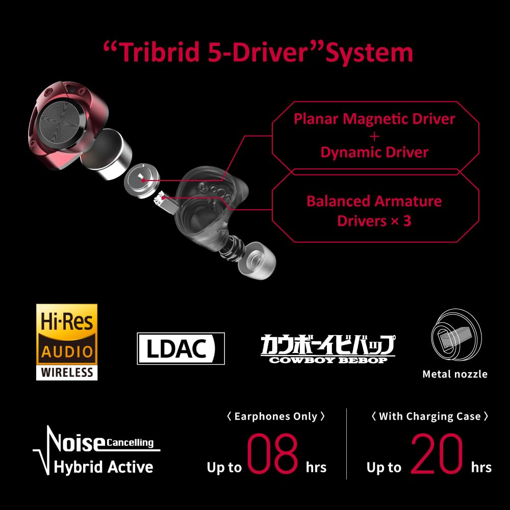 AVIOT TE-ZX1 Wireless Earbuds - World's First 5-Driver Tribrid System, Hi-Res Audio with LDAC, Hybrid ANC, IPX4 Waterproof (Cowboy Bebop Edition) - Perfect for Commuting, Workouts & Anime Fans