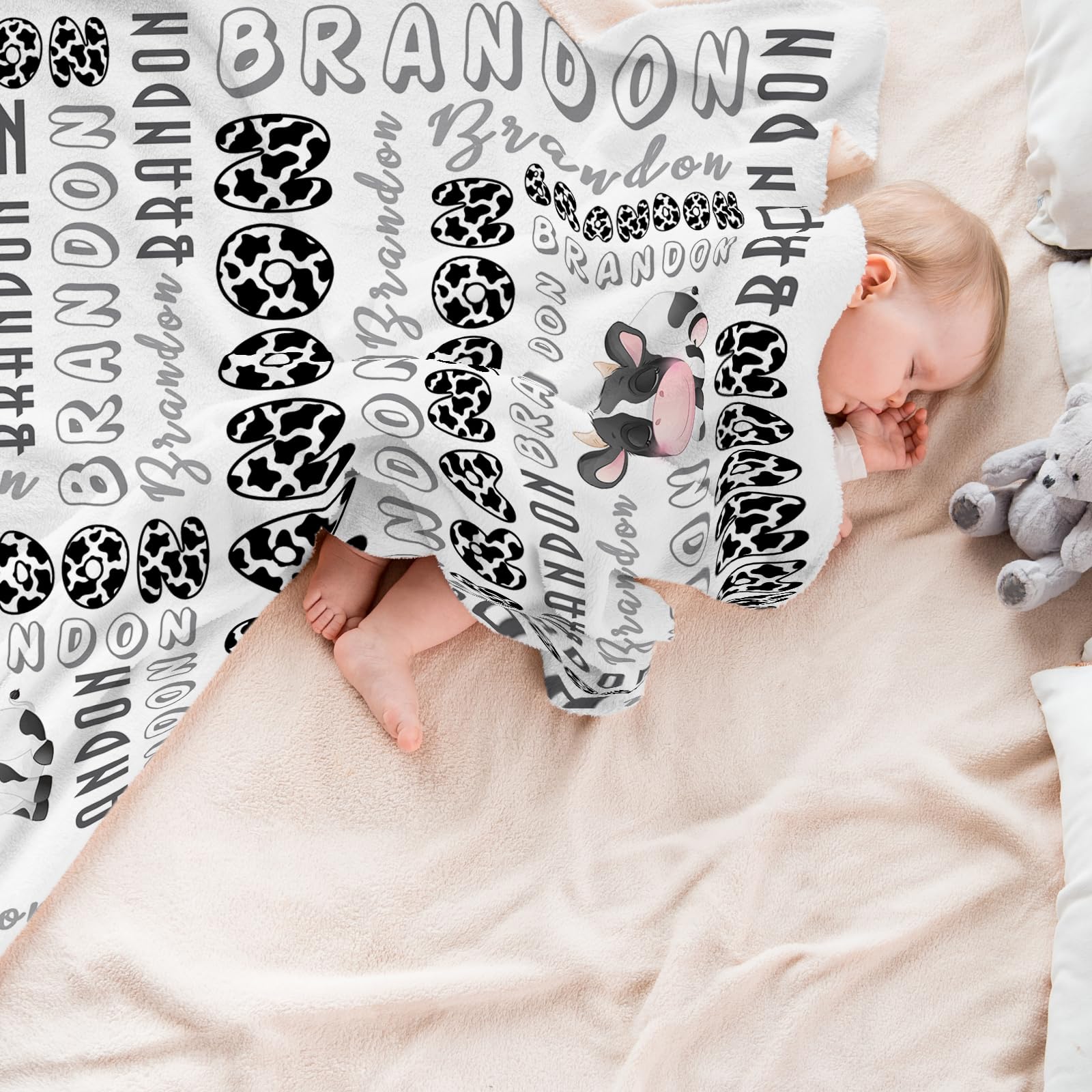 Personalized Cow Print Fleece Blanket with Name - Custom Baby Blanket for Girls & Boys, 40