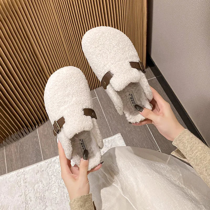 2023 Winter Warm Women's Plush Slippers - Cozy Indoor/Outdoor Flat Shoes for Home & Office - Ladies Casual Mules Size 41-43 - Perfect for Lounging, Working & Winter Comfort