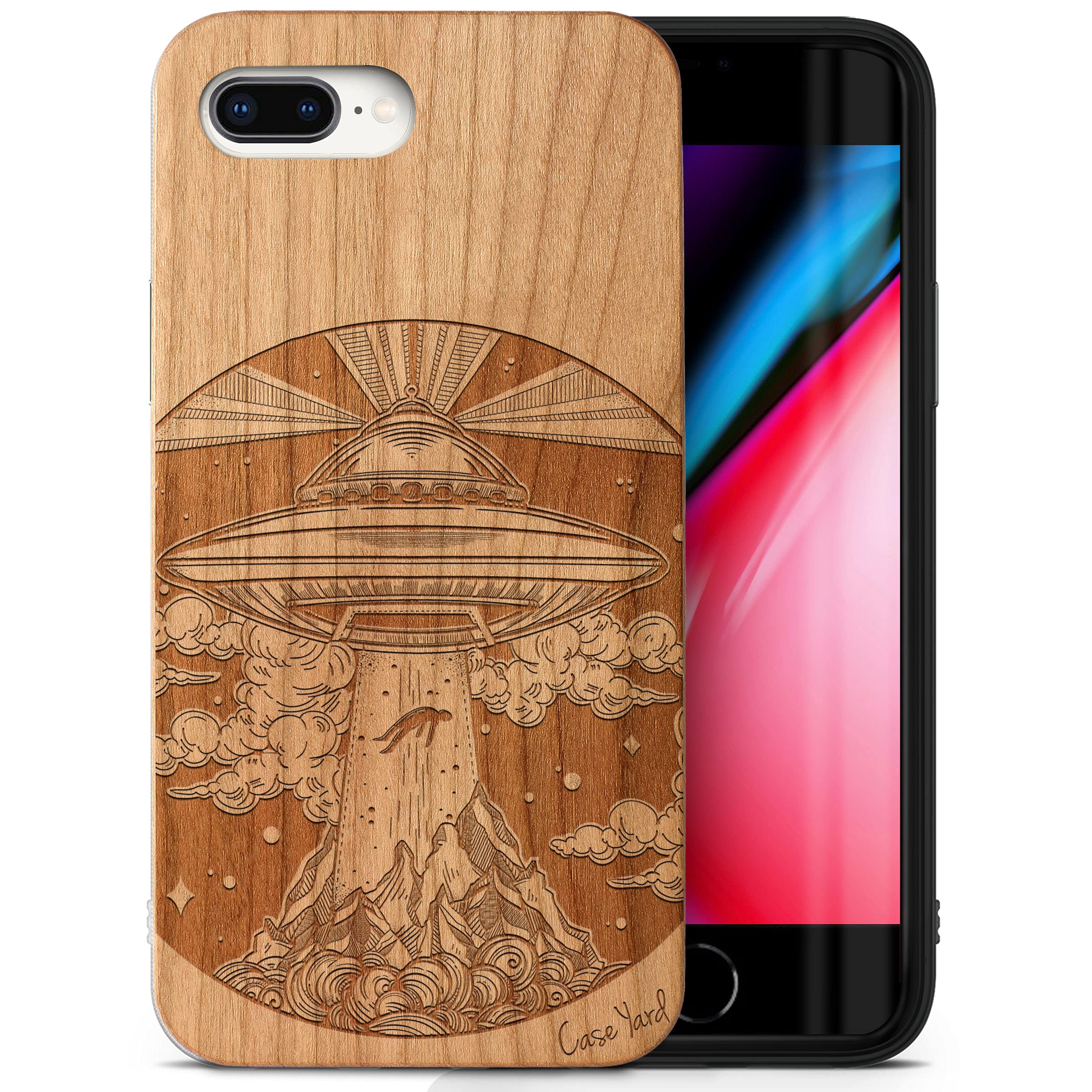 CaseYard Cherry Wood iPhone 8 Plus Case - Laser Engraved Alien Spaceship Design | Slim Fit Shockproof Protective Cover for Men & Women | Perfect for Outdoor Adventures, Travel & Daily Use
