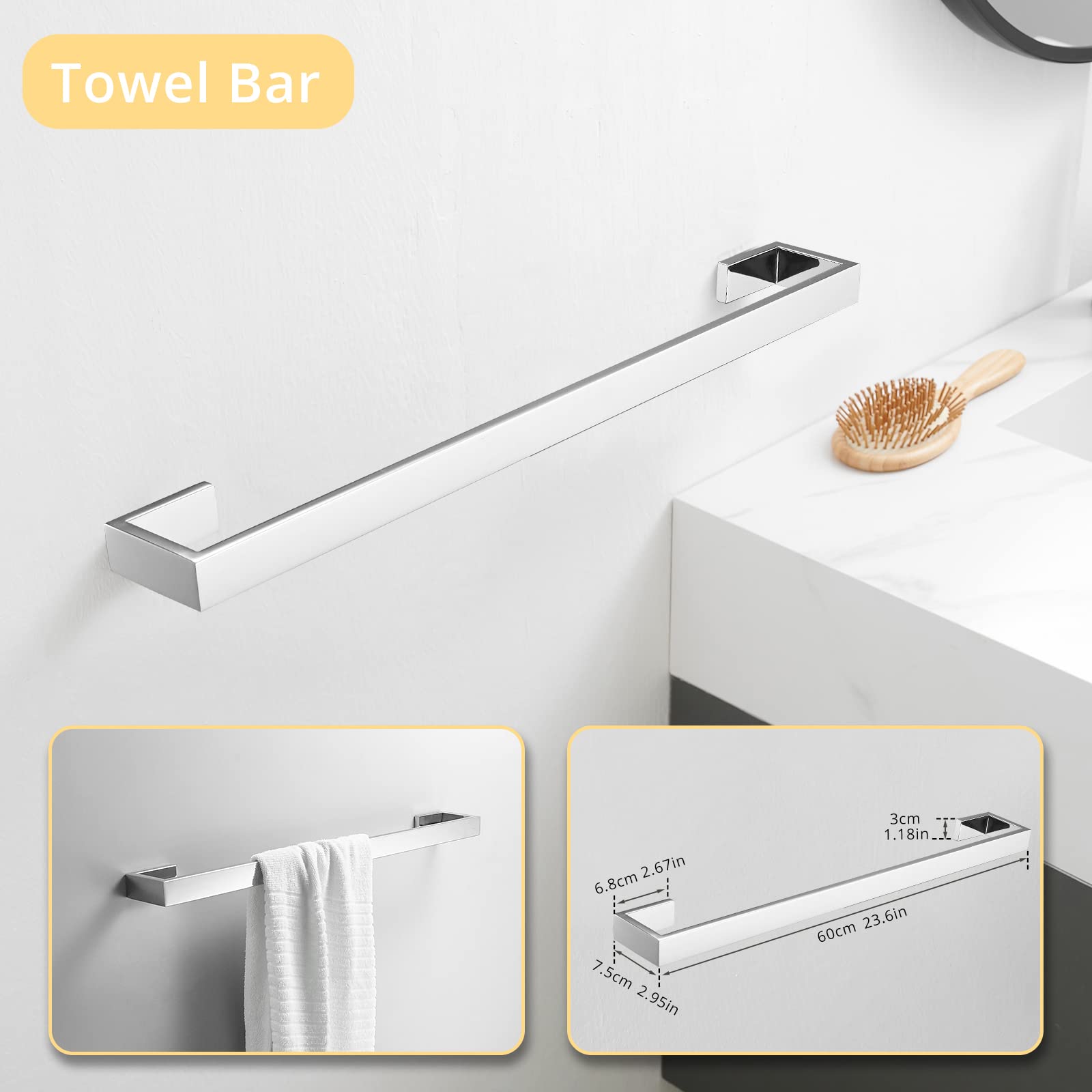 Fapully 23.6-Inch 6-Piece Bathroom Hardware Accessories Set - Stainless Steel Wall Mounted Chrome Towel Bar, Hand Towel Holder, Toilet Paper Holder, Robe Hook, Coat Hook - Modern Bathroom Organization for Home & Hotel Use