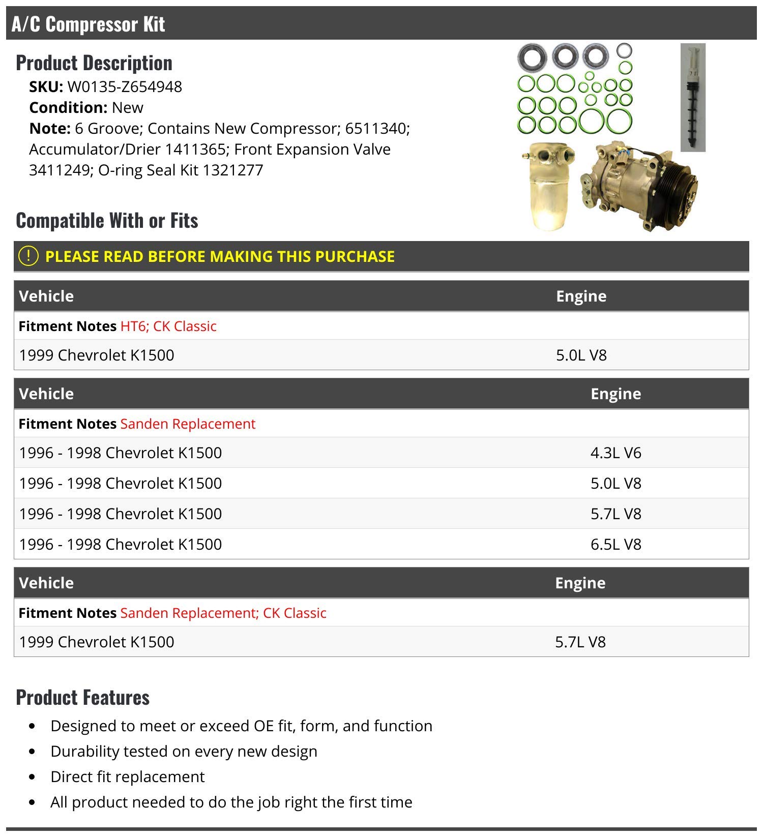 New A/C Compressor Kit for 1996-1999 Chevy K1500 - Includes Compressor, Accumulator/Drier, Expansion Valve & O-Ring Seals | Complete AC System Repair Solution for Hot Weather & Long Drives
