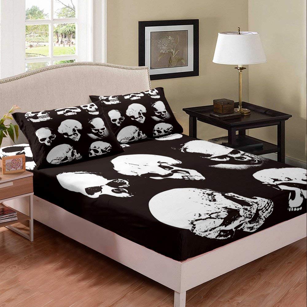 Gothic Style Black Skull Print Queen Bed Sheet Set - 3 PC (1 Fitted Sheet + 2 Pillow Cases) | Horror Themed Duvet Cover for Kids & Teens | Perfect for Halloween Decor, Gothic Bedroom & Horror Movie Nights