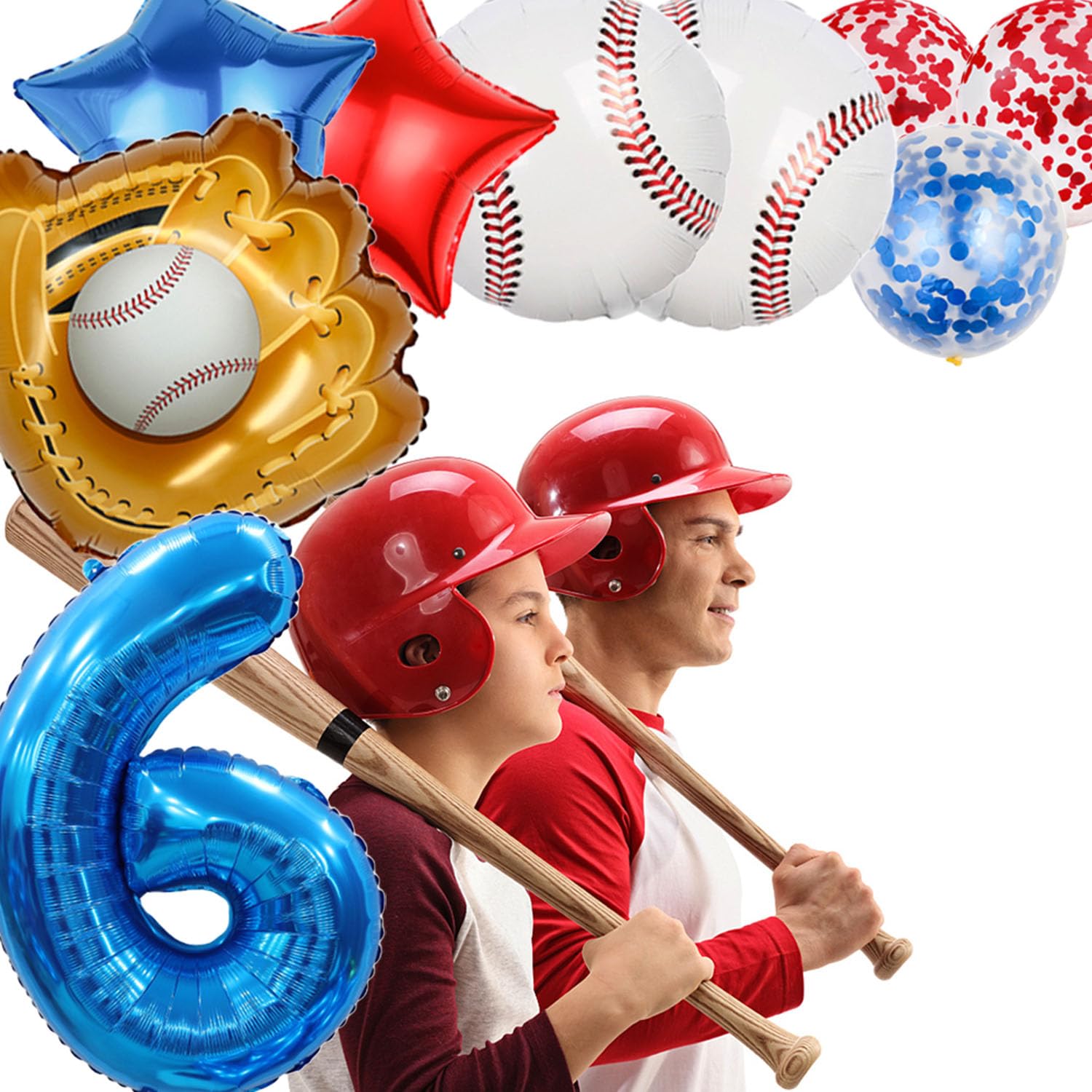Baseball Balloon Set - 9Pcs Baseball Glove & Number 6 Balloons with Red Blue Stars & Confetti for Boys Birthday Party Decorations | Perfect for Baseball Themed Birthday Parties, Baby Showers, and Sports Decor