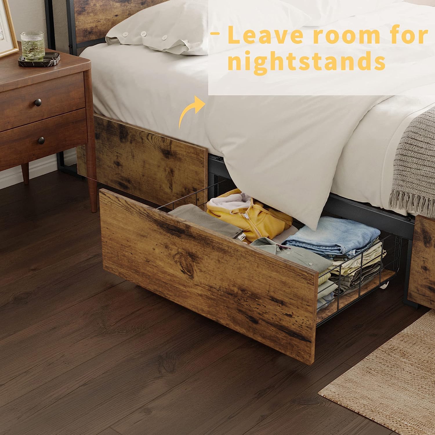 Queen Bed Frame with Storage & LED Lights - Sturdy Metal Platform for Quiet, Noiseless Sleep