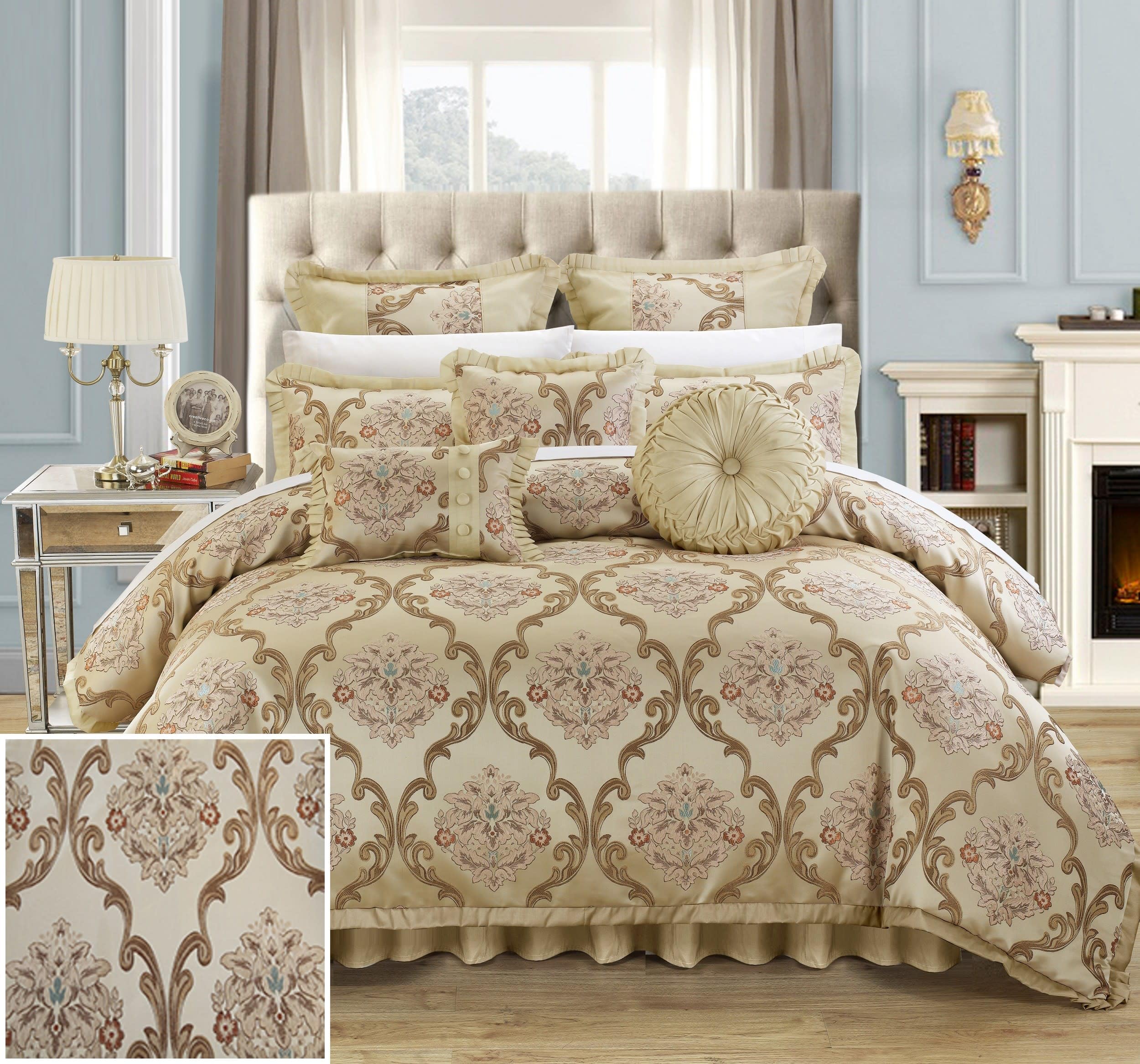 Chic Home Aubrey King Size Comforter Set with Bed Skirt, Shams & 3 Decorative Pillows - Hypoallergenic Jacquard Bedding in Beige | Perfect for Master Bedroom, Guest Room & Luxury Hotel Decor