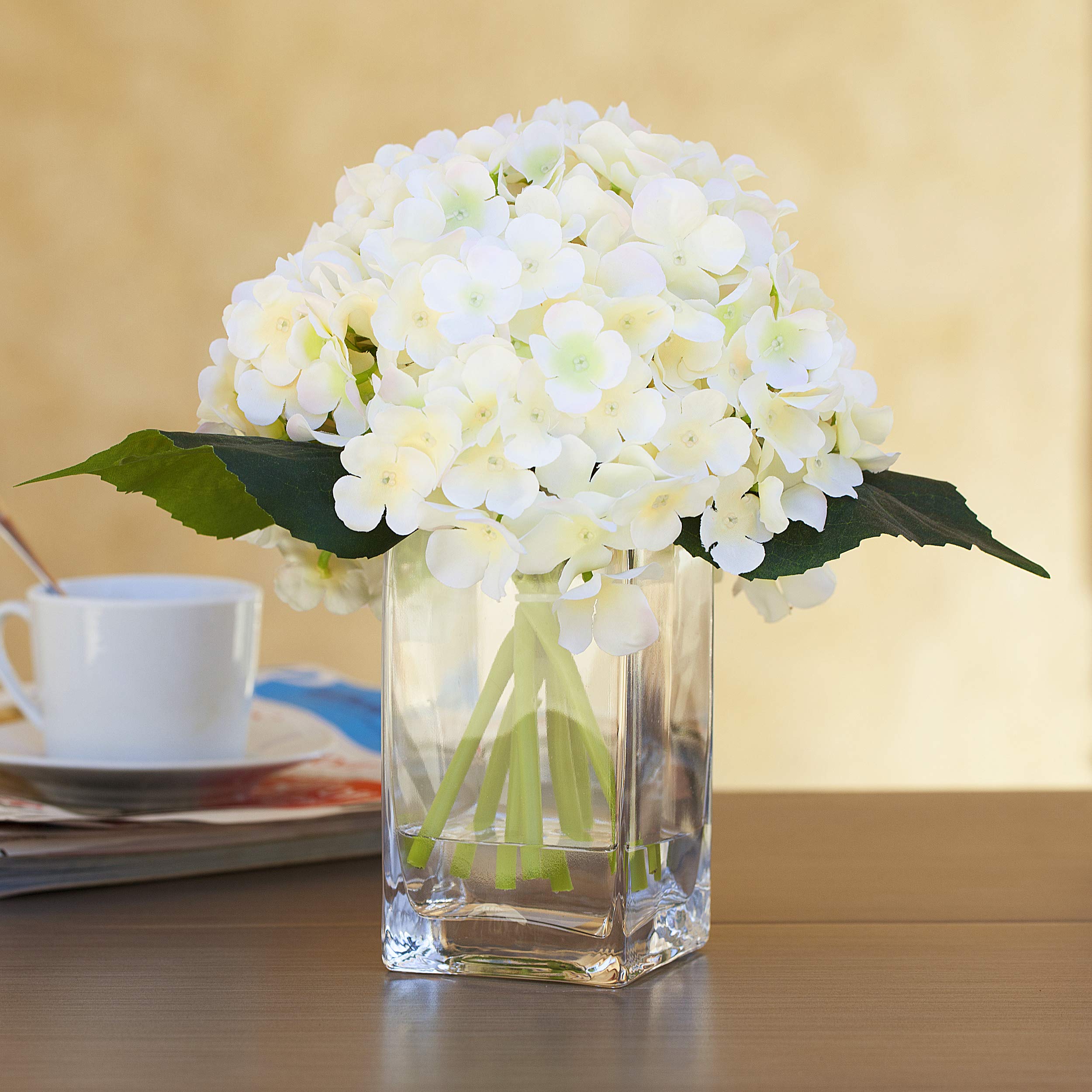ENOVA HOME Artificial Hydrangea Silk Flowers in Glass Cube Vase - Peach Floral Arrangement for Home Decor, Wedding Centerpieces, Table Decorations & Office Decoration