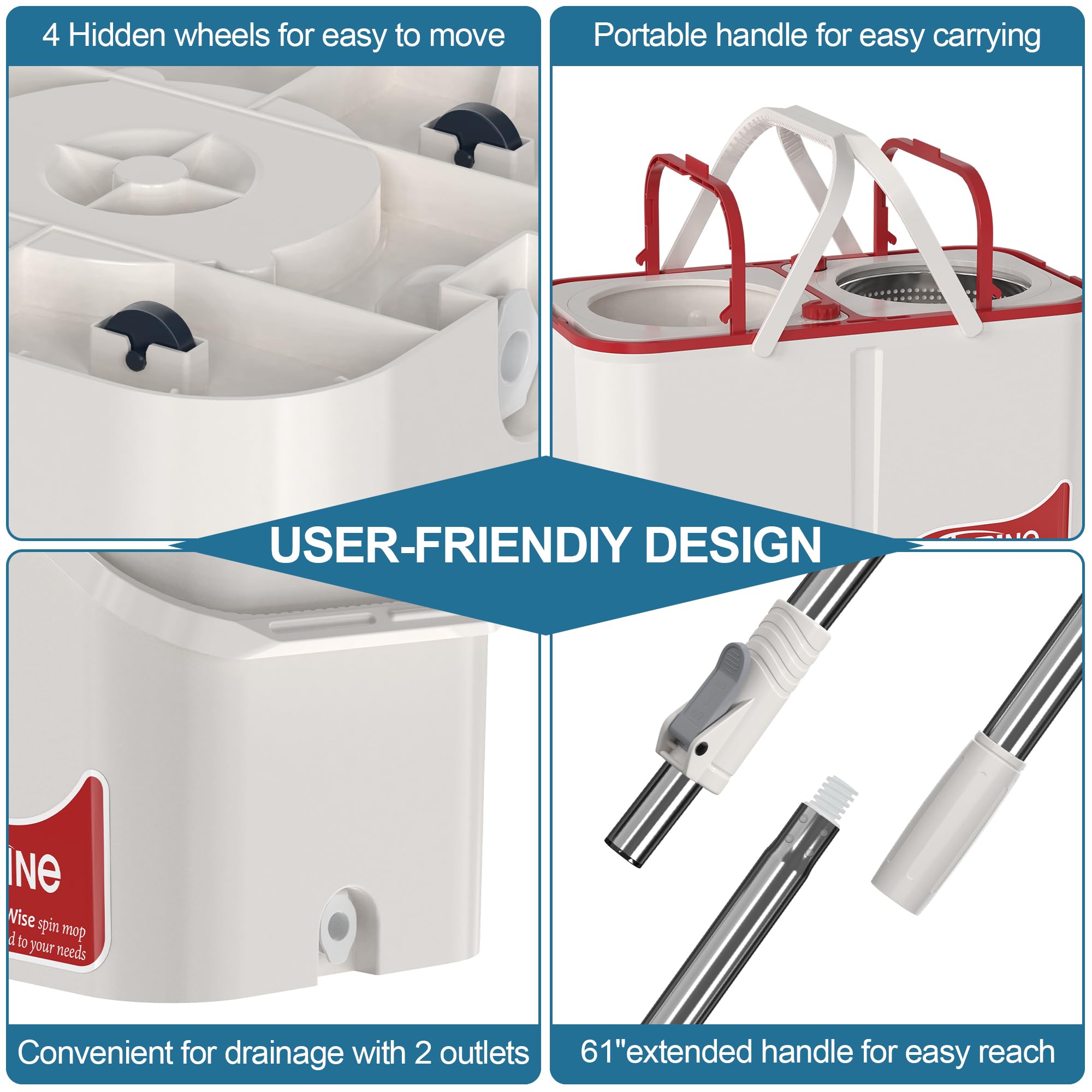 Spin Mop and Bucket Set with Wringer - 4-Chamber Cleaning System Separates Dirty/Clean Water - Includes 6 Replacement Mop Heads & 4-Wheel Design (White) - Perfect for Hardwood Floors, Tile, and Household Cleaning