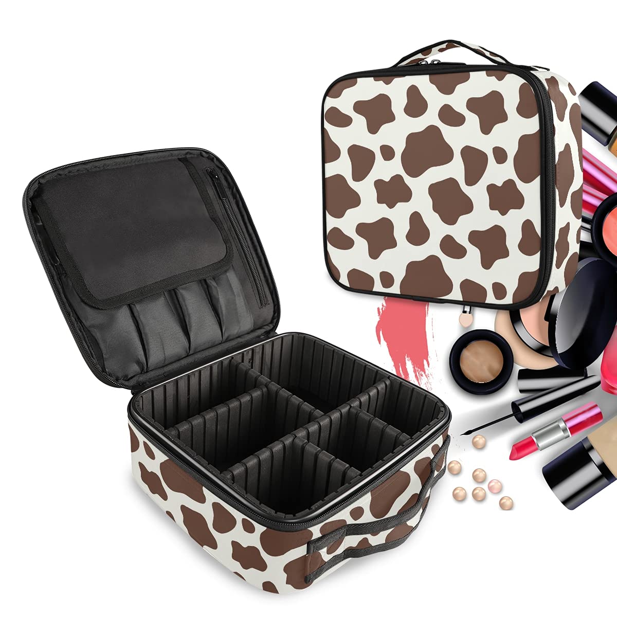 Stylish Doodle Brown Cow Print Makeup Bag - Large Travel Cosmetic Organizer with Adjustable Dividers - Perfect for Travel, Gym & Daily Beauty Storage