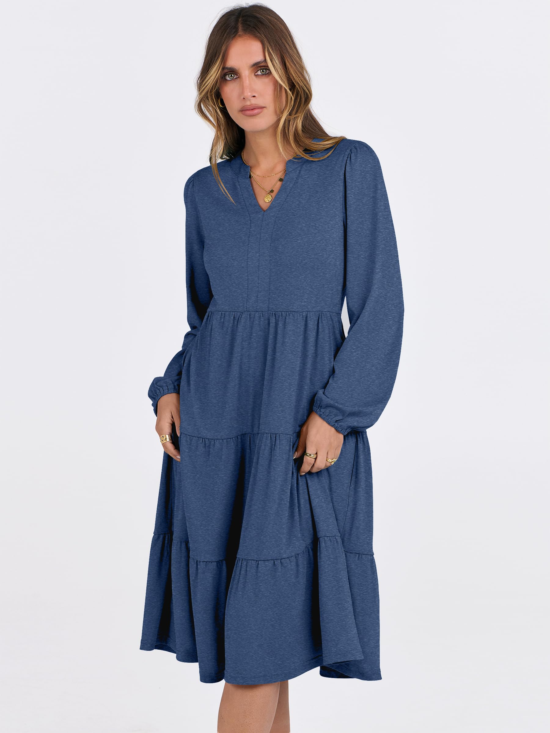 ANRABESS Women's Long Sleeve V-Neck Flowy Swing Dress - 2025 Spring Casual Tiered Maxi Dress for Vacation, Beach, Party & Everyday Wear