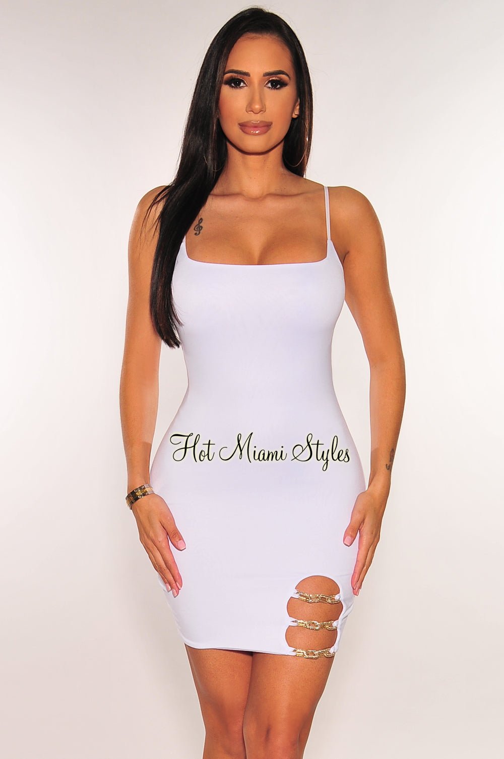 Elegant White Spaghetti Straps Gold Chain Mini Dress - Sexy Summer Party Dress for Women, Perfect for Night Out, Club, Date Night and Beach Vacation