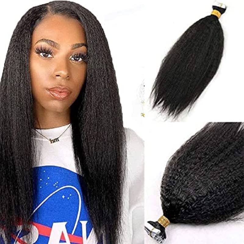 Kinky Straight Tape-In Hair Extensions 40pcs 100g - Brazilian Human Hair, Coarse Yaki Texture, #2 Darkest Brown (24 Inch) - Perfect for Natural-Looking Volume & Length for Parties, Weddings & Daily Styling