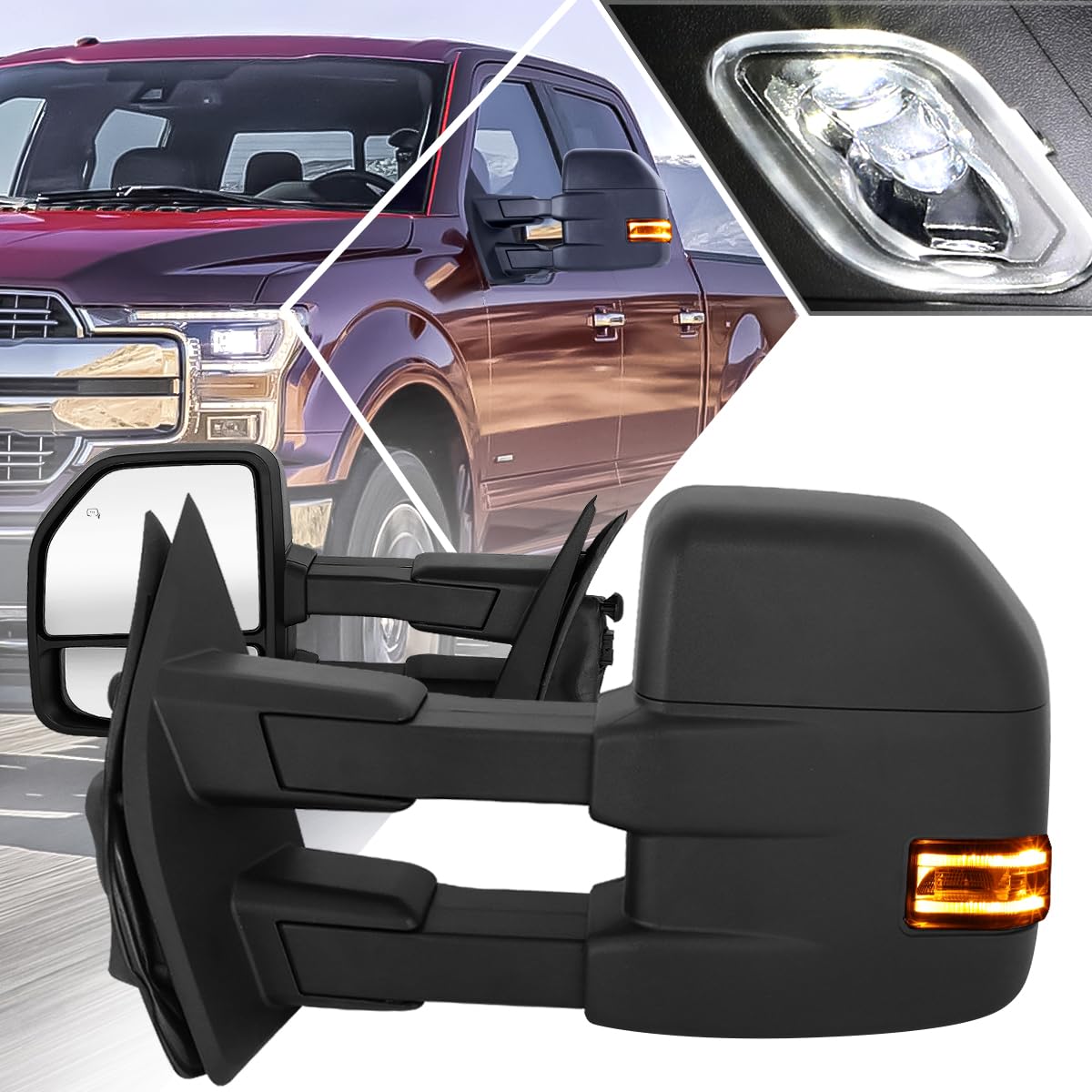 Pair of Power Heated Towing Mirrors with LED Turn Signals - Compatible with 2015-2018 Ford F150, Black - Perfect for Enhanced Visibility & Safety While Towing Trailers or Campers