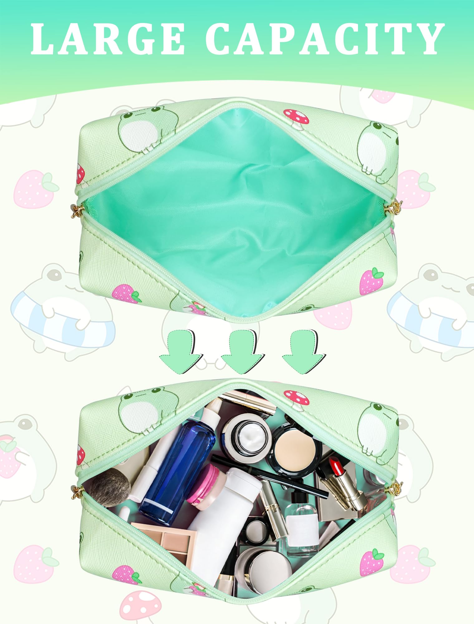 Cute Kawaii Green Makeup Bag for Women - Small Travel Cosmetic & Toiletry Organizer - Perfect for Daily Essentials, Gym, Vacation & Weekend Getaways