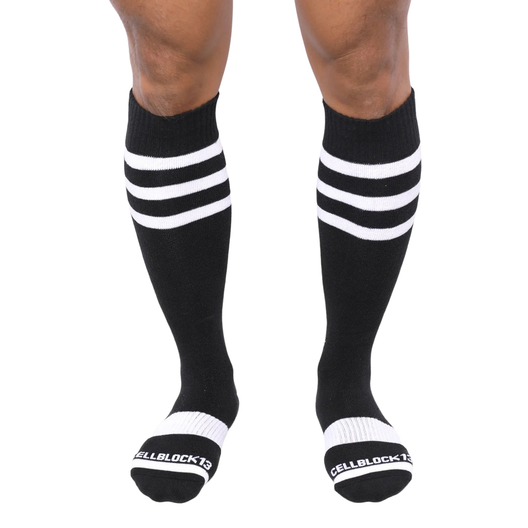 Cellblock 13 Linebacker Knee High Football Socks - Black & White Compression Socks for Athletes & Sports Performance