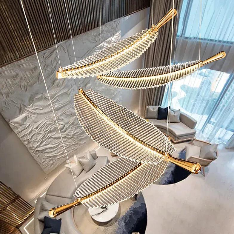Feather Shaped Gold LED Pendant Light - Modern Glass Chandelier for Dining Room, Bedroom, or Living Room Decor