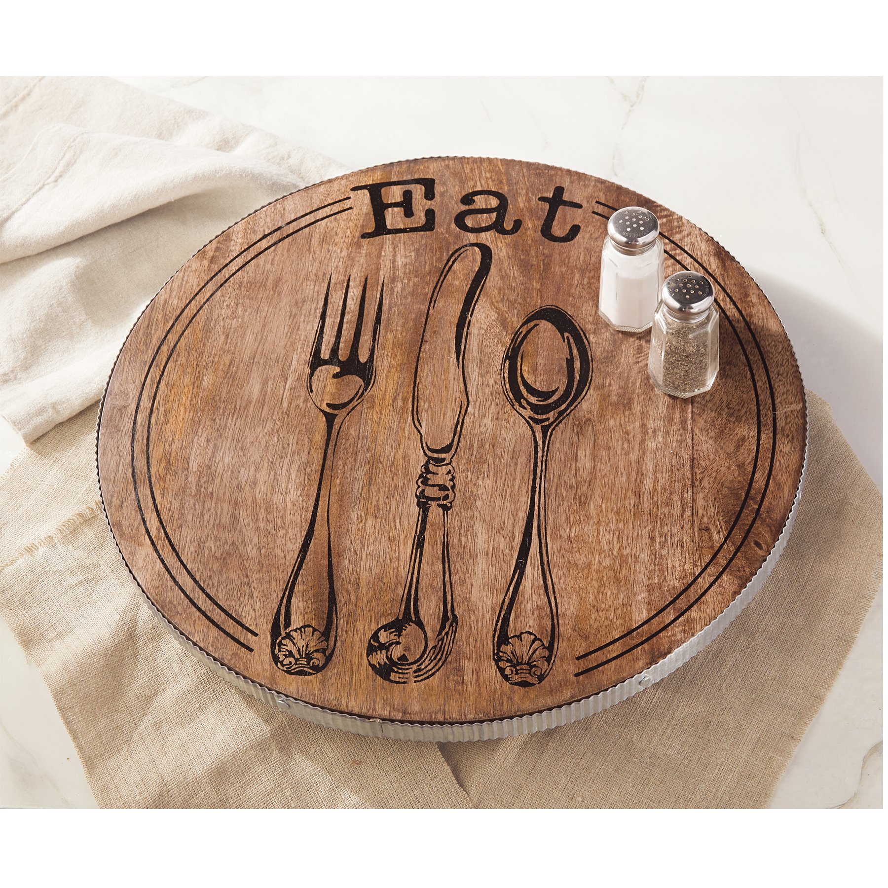 Mud Pie Eat Wood Lazy Susan Turntable - 12 Inch Round Wooden Spinning Serving Tray for Dining Table, Kitchen, and Party Buffet | Perfect for Serving Food, Displaying Desserts, and Organizing Spices