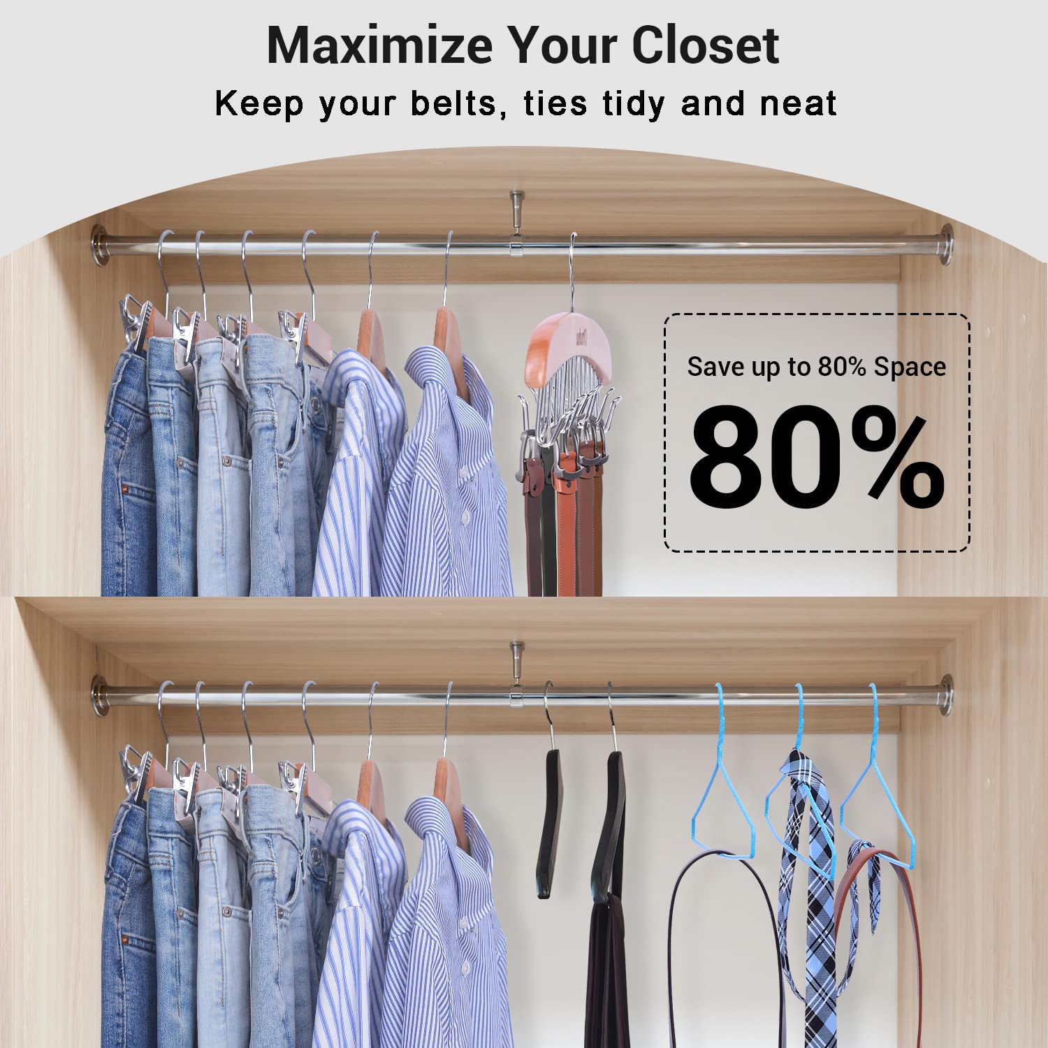 Ohuhu 12-Hook Rotating Belt Hanger Organizer - Wooden Space-Saving Rack for Belts, Ties, Scarves & Accessories (2-Pack) | Perfect for Closet, Bedroom & Dorm Organization