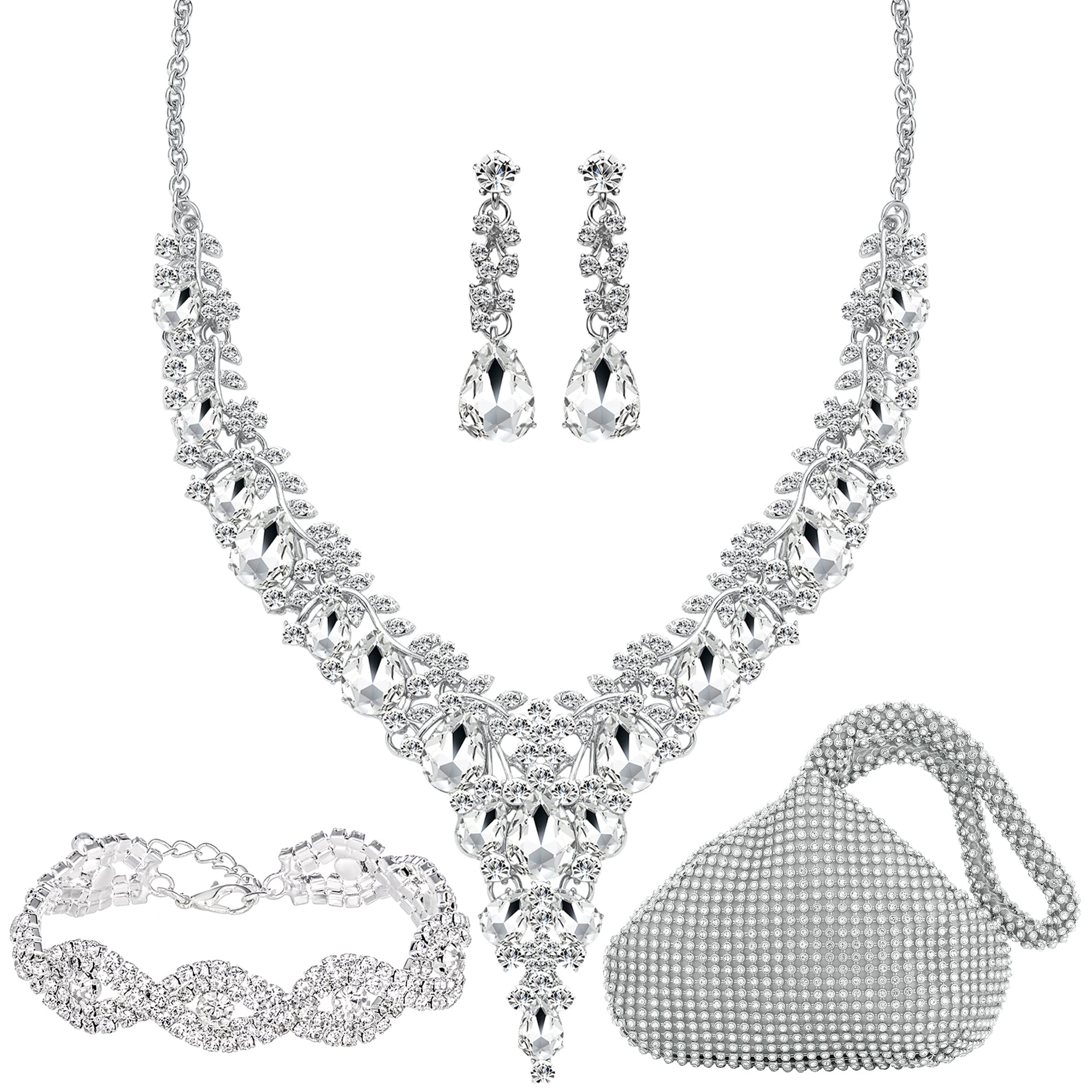 MIRACULOUS GARDEN 3/4 Piece Women's Wedding Jewelry Set - Crystal Tiara Crown, Teardrop Necklace, Dangle Earrings & Rhinestone Bracelet | Bridal Accessories for Bride, Bridesmaids & Special Occasions | Perfect for Weddings, Prom, Anniversary & Formal Events