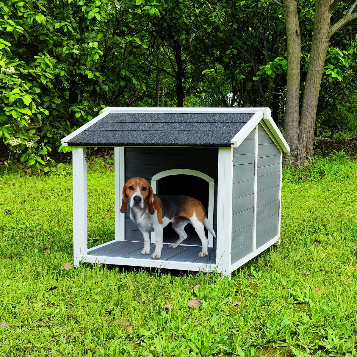 **Large Waterproof Outdoor Wooden Dog House - Windproof & Insulated Dog Kennel with Porch Deck - Perfect for Backyard, Garden, and Patio Use**
