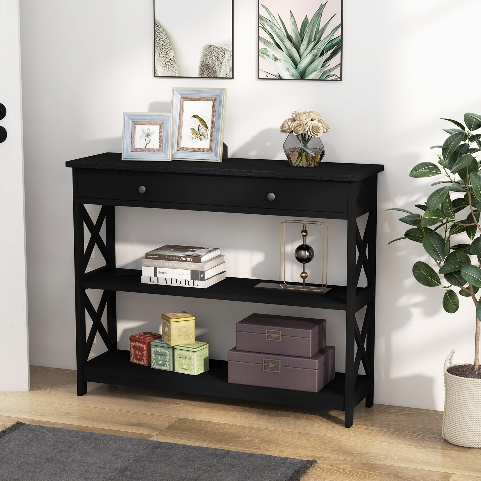 GOFLAME 3-Tier Sofa Table with Large Drawer & Open Shelves - Modern Narrow Wooden Console Table for Entryway, Living Room & Hallway - Perfect for Small Space Organization & Home Decor (Black)