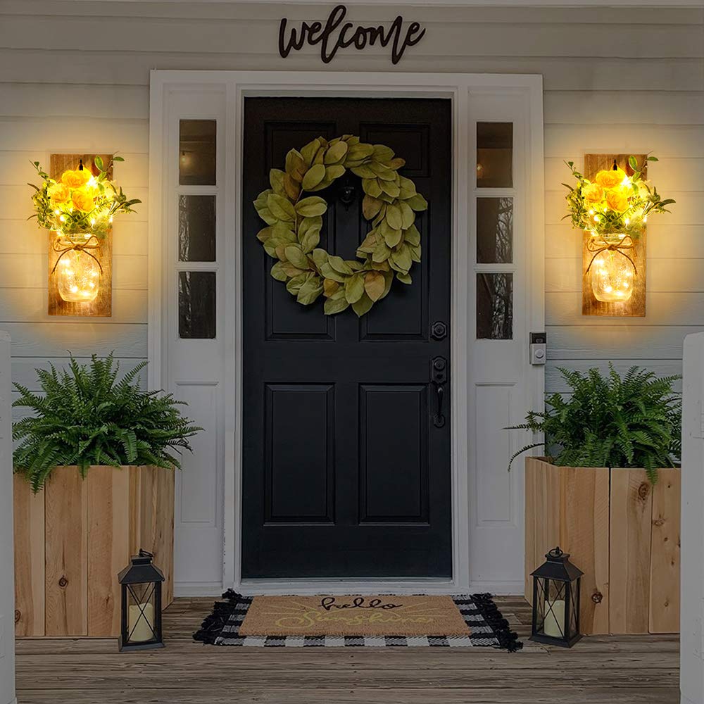 Rustic Farmhouse Mason Jar Wall Sconces with Remote Control - Set of 2 LED Wall Lights with Yellow Rose Decor for Bedroom, Living Room & Kitchen | Perfect for Cozy Home Ambiance and Farmhouse Style Interior Design