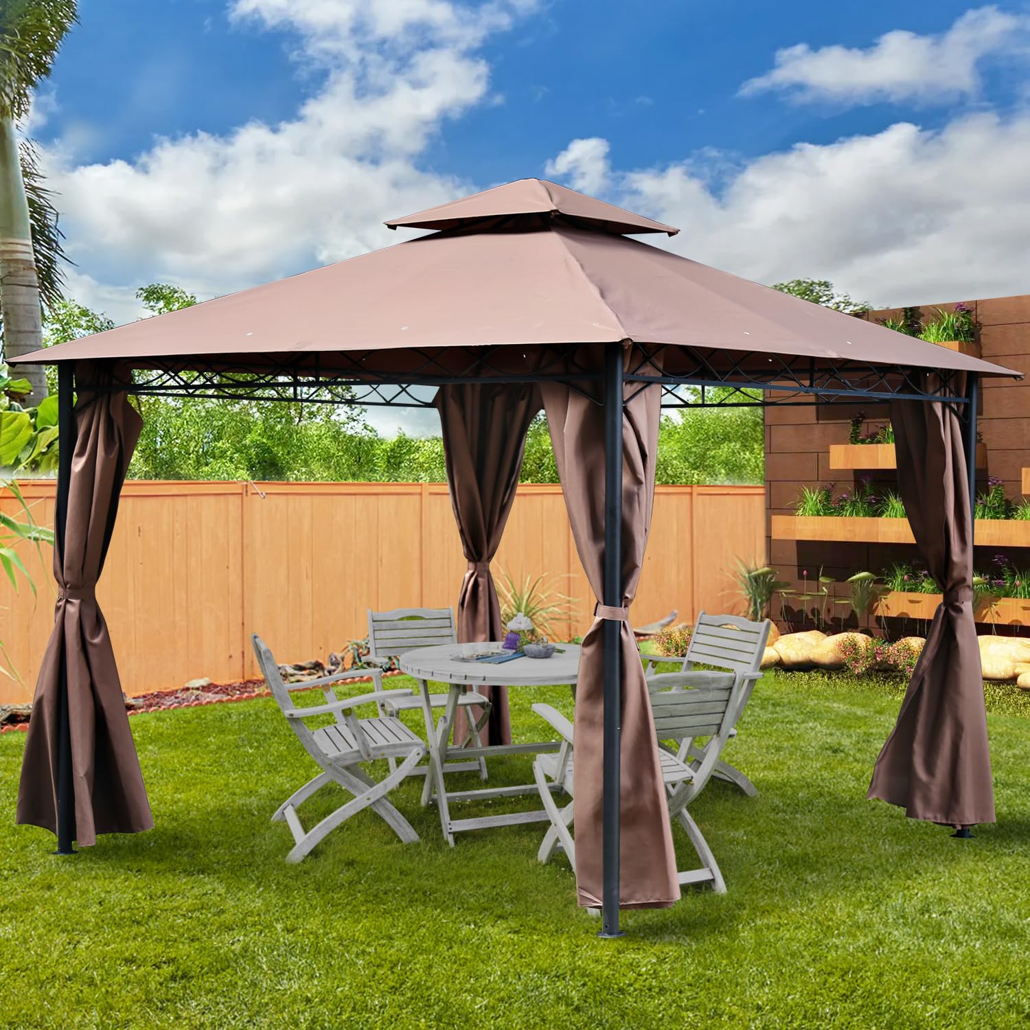 MeetPerfect 10' x 13' Waterproof Gazebo Canopy with Sun Block & Curtains - Portable Foldable Outdoor Shade Tent for Patio, Garden, Backyard, Picnic, and Party Events - 130 Sq Ft Sun Shelter (Brown)