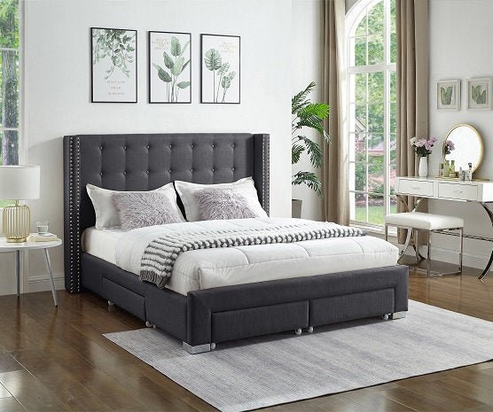 Grey Fabric Winged Storage Bed with Deep Tufting & Nailhead Trim - Queen Size Upholstered Platform Bed with Underbed Storage - Perfect for Small Bedrooms & Guest Rooms