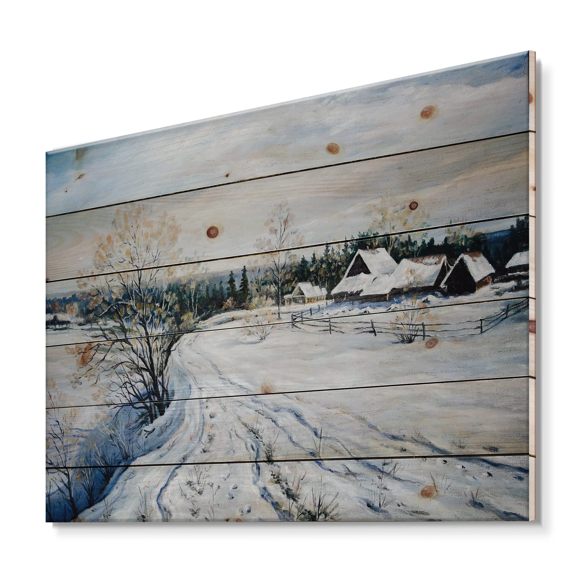 Country Road in Winter II - Traditional Wood Wall Art Decor, Large Landscape Pine Wood Panel Print, White Wooden Wall Hanging for Living Room, Bedroom & Office