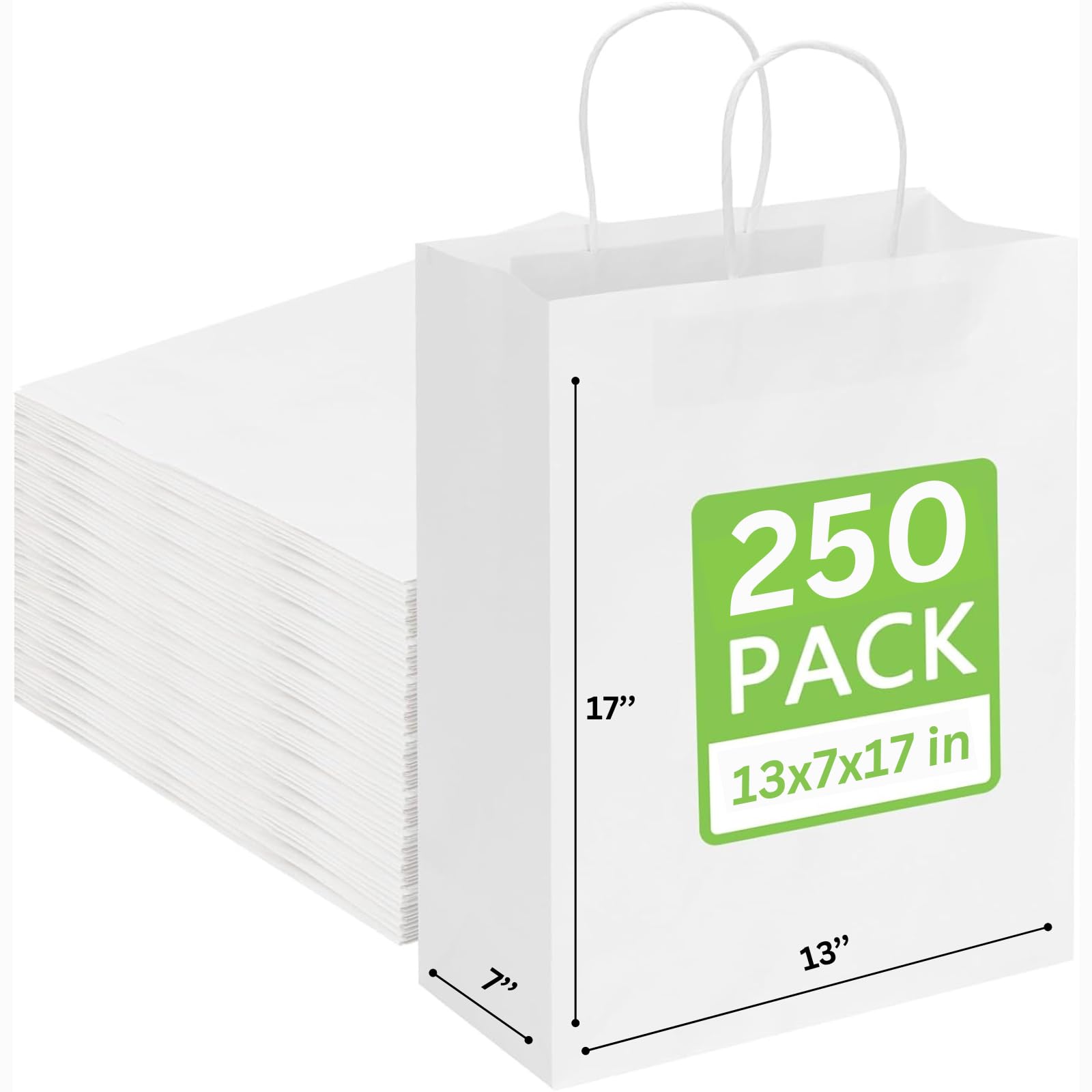 JET PAPER BAGS 13x7x17 Inches (250 Count) - White Kraft Paper Bags with Twisted Handles for Retail, Grocery, Party Favors & Gift Packaging | Eco-Friendly Recyclable Shopping Bags for Takeout, Wedding Favors & Craft Projects