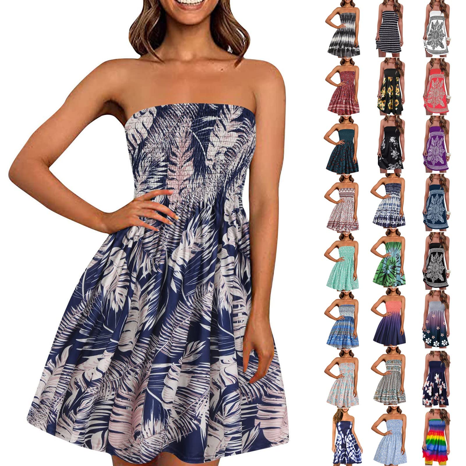 Fragarn Women's Summer Dresses 2023 - Strapless Bandeau Elastic Boho Floral Sundress | Casual Sleeveless A-line Dress for Beach, Vacation & Outdoor Parties