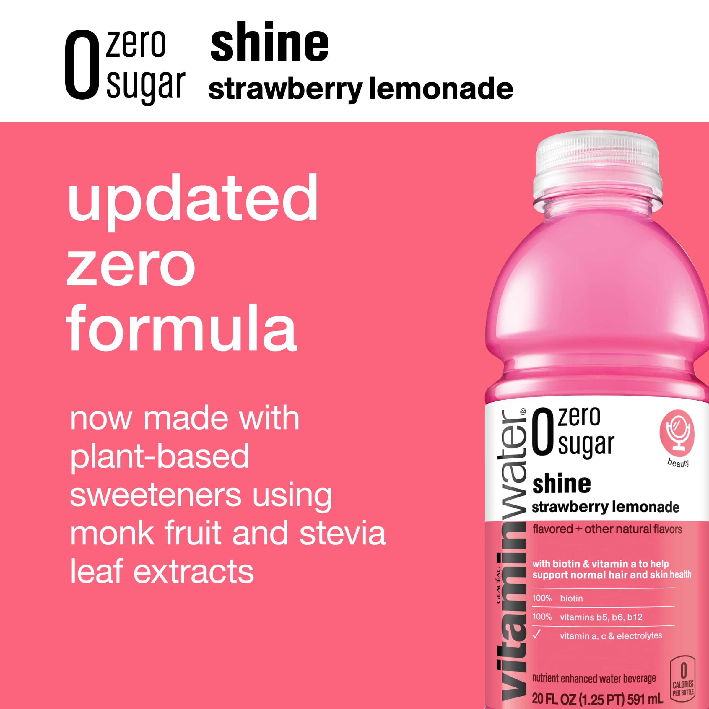 VitaminWater Zero Sugar Shine - Electrolyte Enhanced Water with Vitamins, Strawberry Lemonade Flavor, 20 fl oz (12 Pack) | Hydrating & Refreshing for Workouts, Travel & Daily Hydration