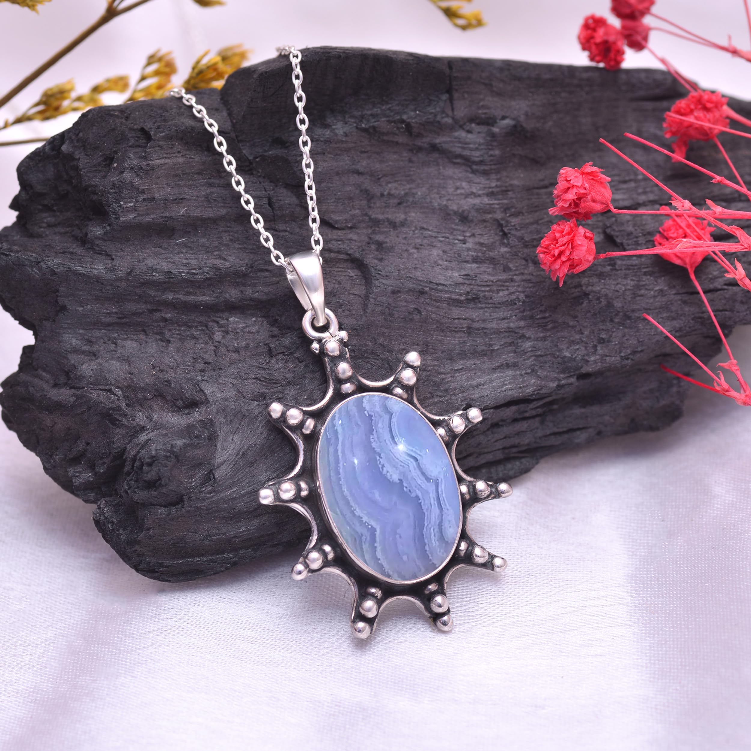 925 Sterling Silver Blue Lace Agate Pendant Necklace for Women - 18 Inch Handmade Gemstone Jewelry with Chain - Elegant Fashion Statement for Office, Date Night & Special Occasions