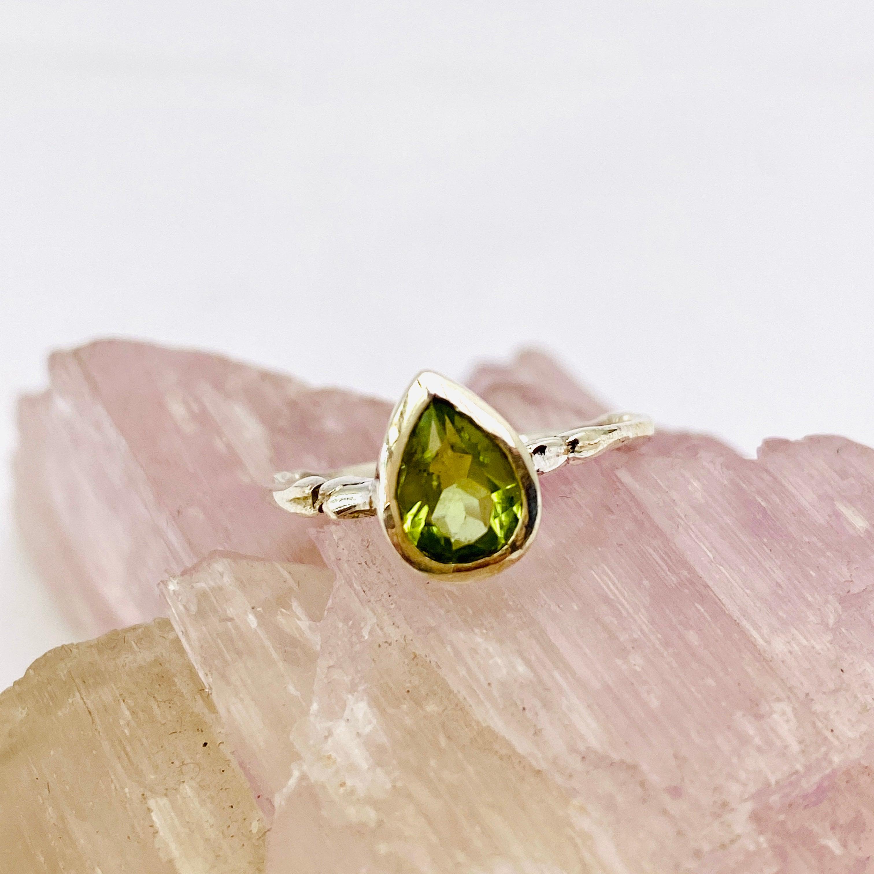 Peridot Faceted Teardrop Fine Band Ring - 925 Sterling Silver Dainty Jewelry for Women - Perfect for Weddings, Anniversaries & Everyday Elegance