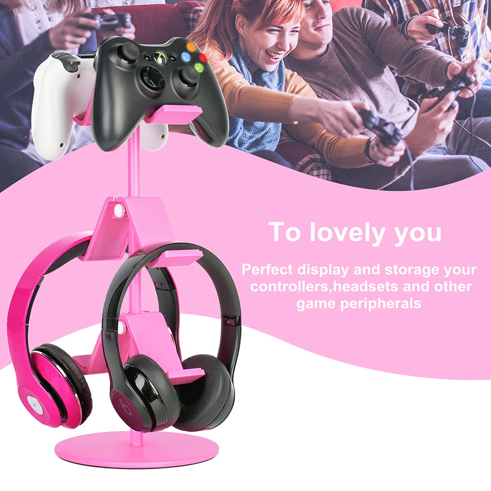 Pink Controller Holder & Headphone Stand - 3-Tier Adjustable Gaming Accessory Organizer for Xbox, PS4, PS5, Nintendo Switch - Perfect for Gaming Setup & Desk Organization (Cute Pink)